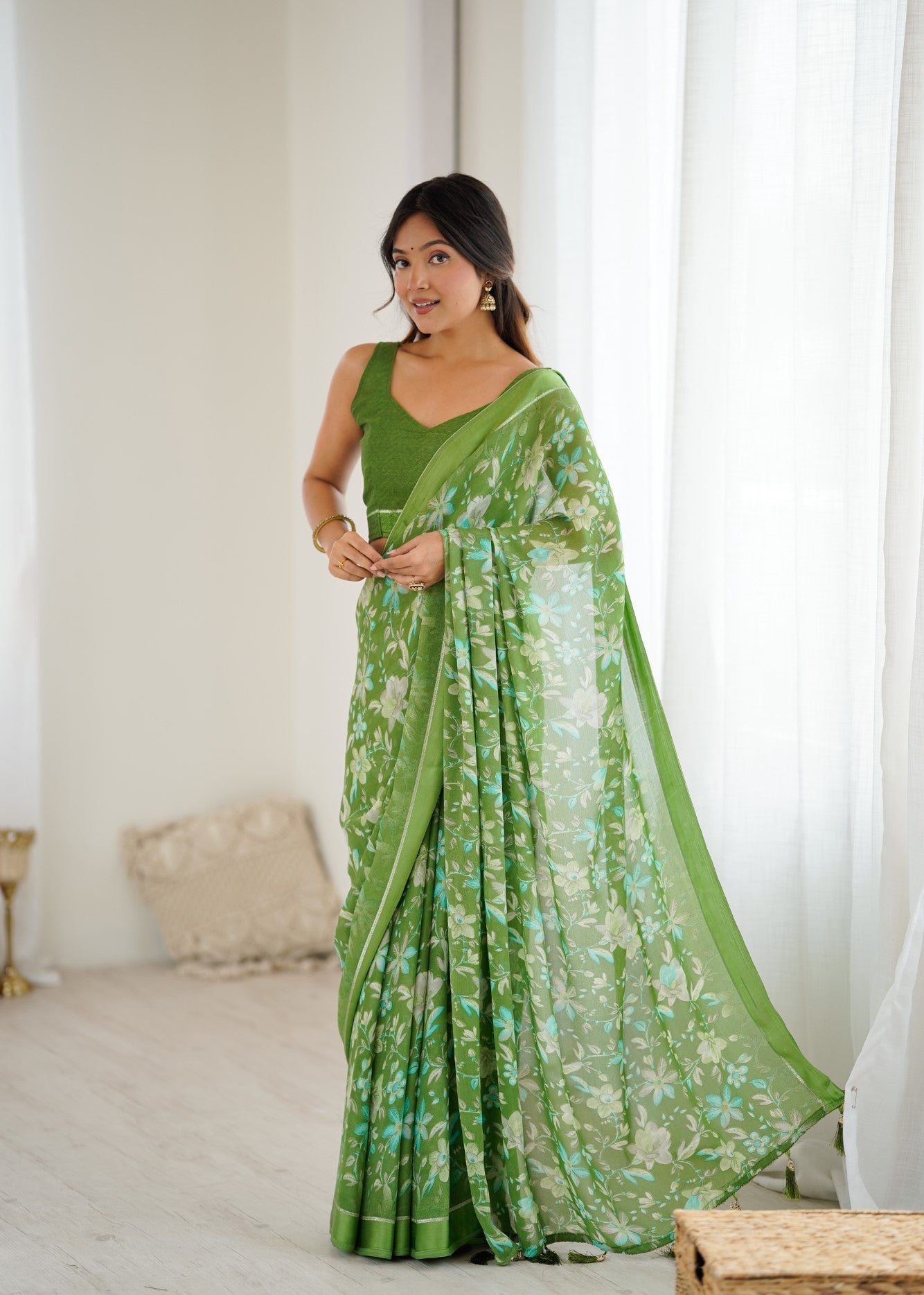 Green Bright Moss Satin Patta Saree With Embroidery Work