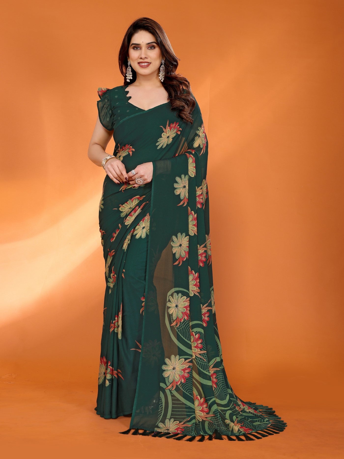 Green Bright Moss Satin Patta Saree With Printed Design