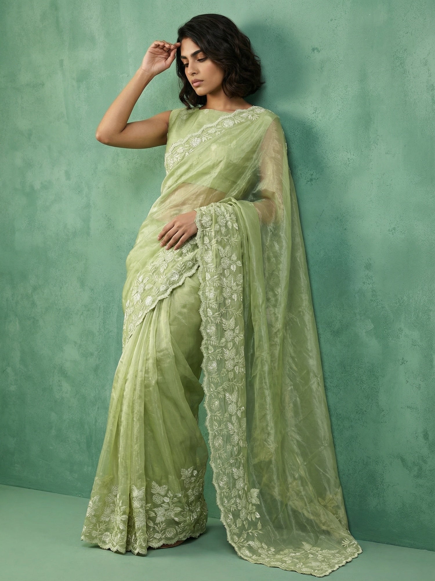 Green Chanda Silk Saree with Premium Floral Embroidery Design