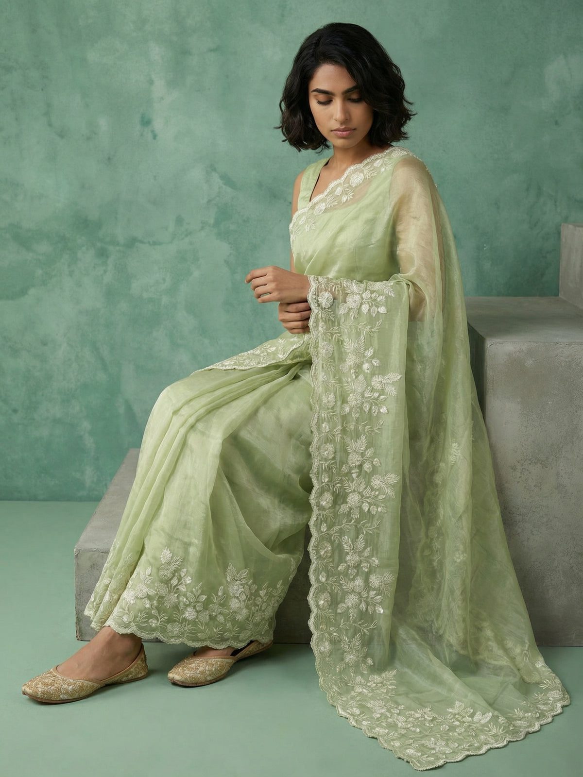 Green Chanda Silk Saree with Premium Floral Embroidery Design
