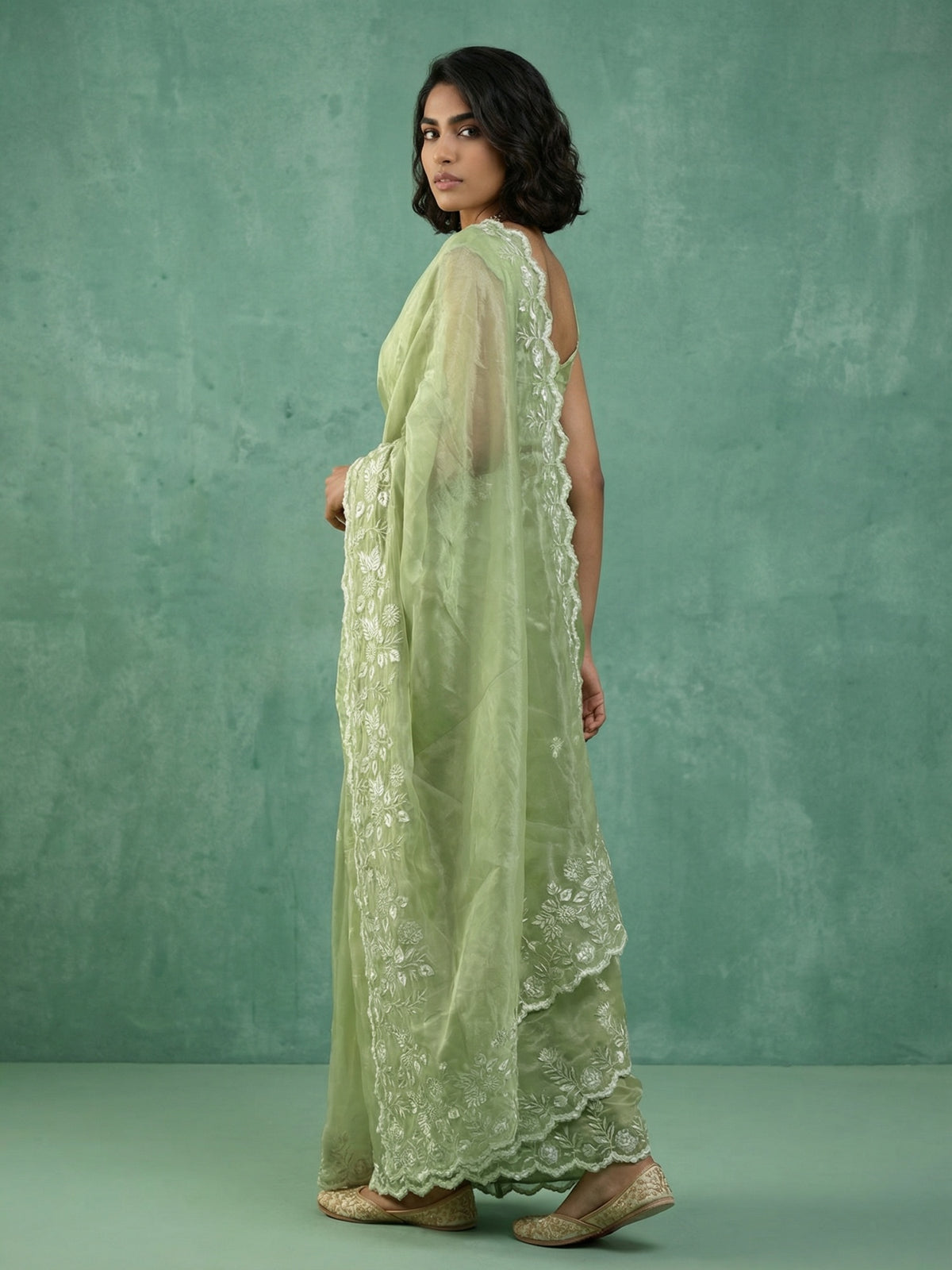 Green Chanda Silk Saree with Premium Floral Embroidery Design