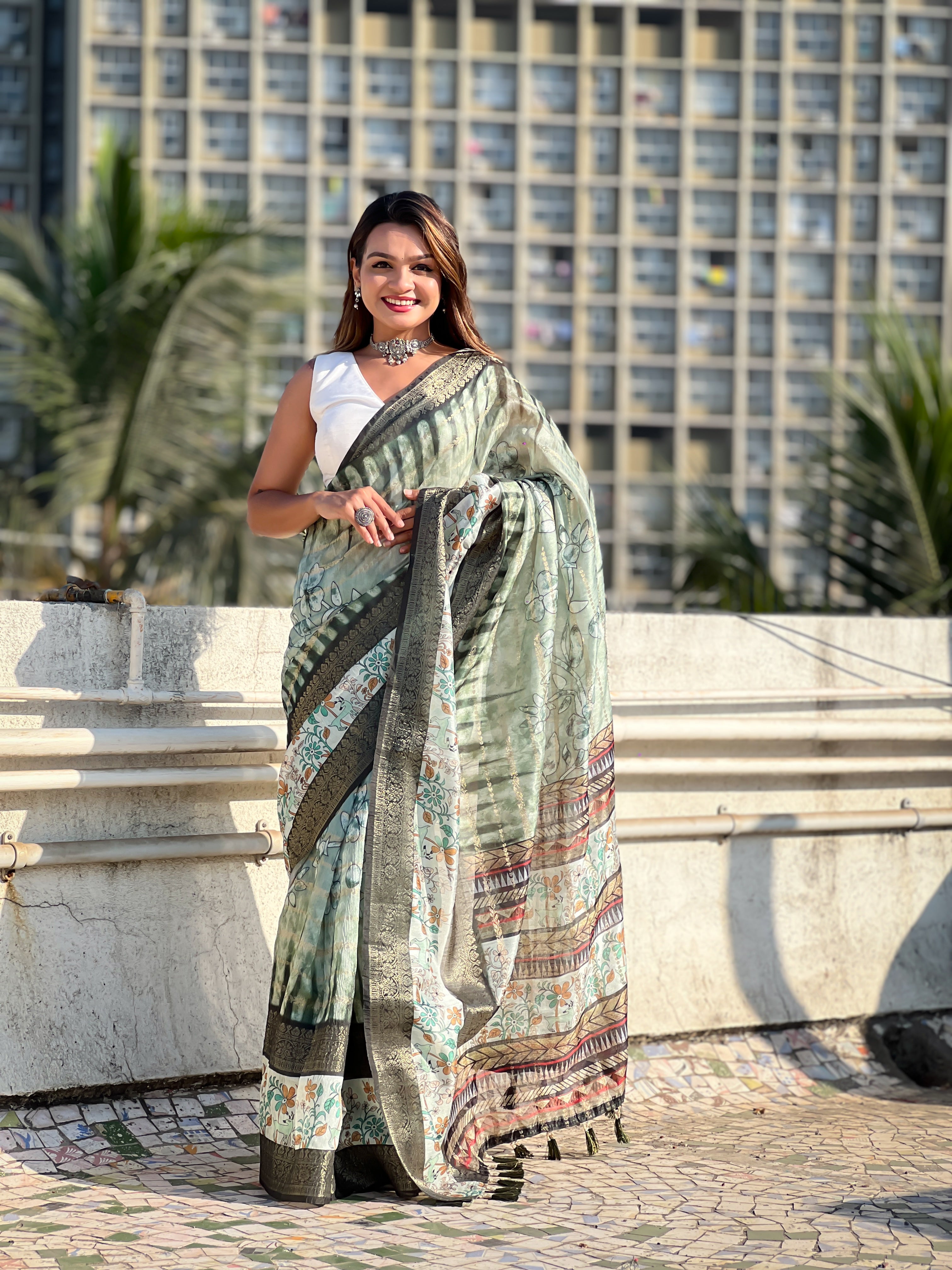 Green Chanderi Crush Printed With Woven Jari Designer Elegant Sophisticated Saree