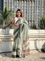 Green Chanderi Crush Printed With Woven Jari Designer Elegant Sophisticated Saree