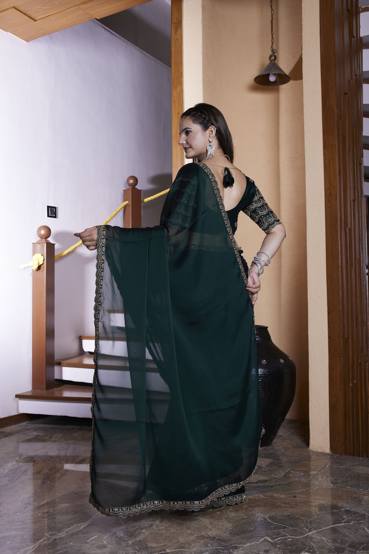 Green Chiffon Designer Embroidered Ceremonial Saree