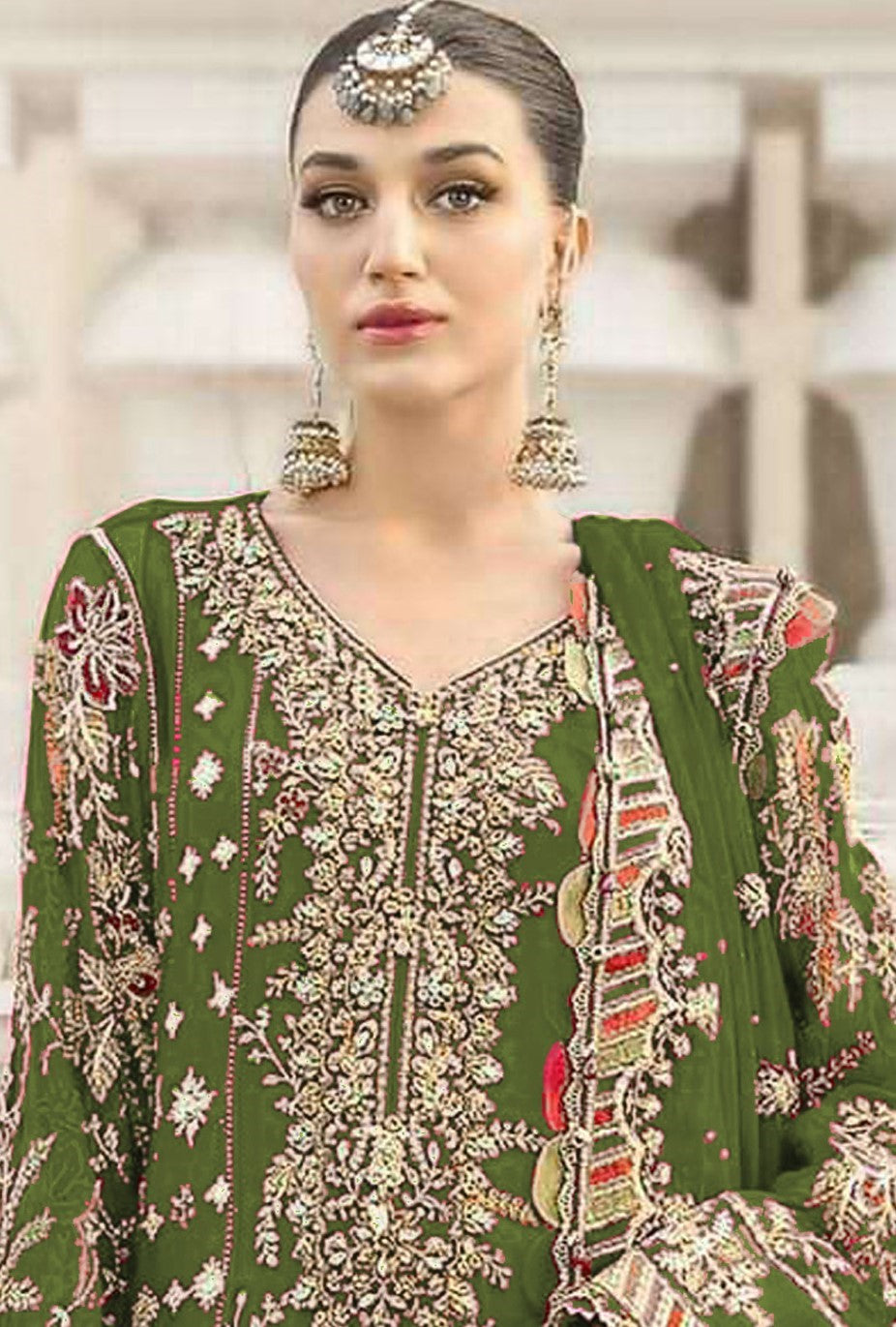 Green Chiffon Designer Suit Set With Delicate Embroidery