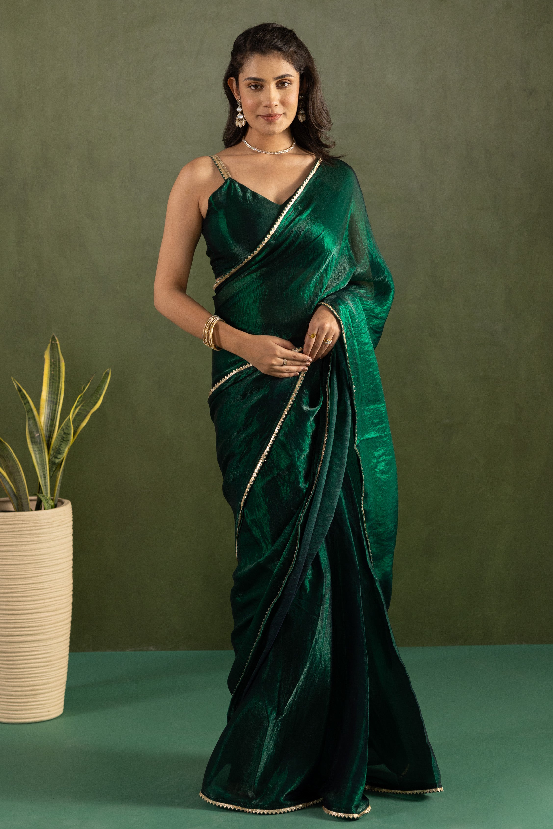 Green Chiffon Ready To Wear Designer Solid Partywear Saree