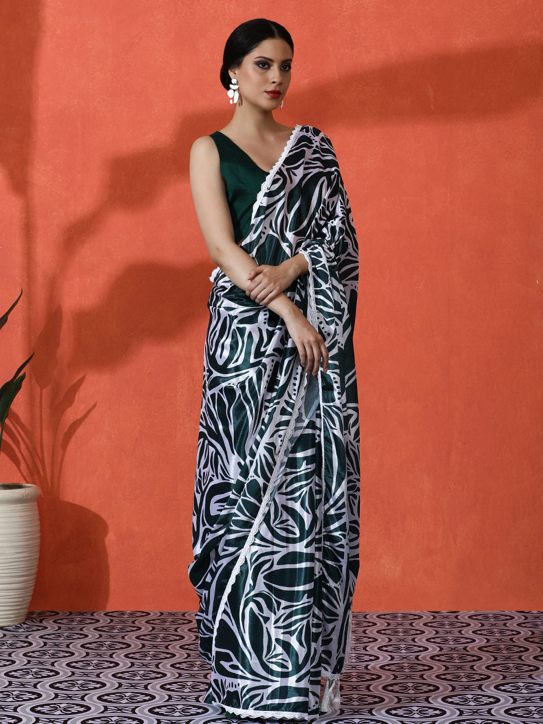 Green Chinon Designer Digital Printed Saree For Ceremonial Looks