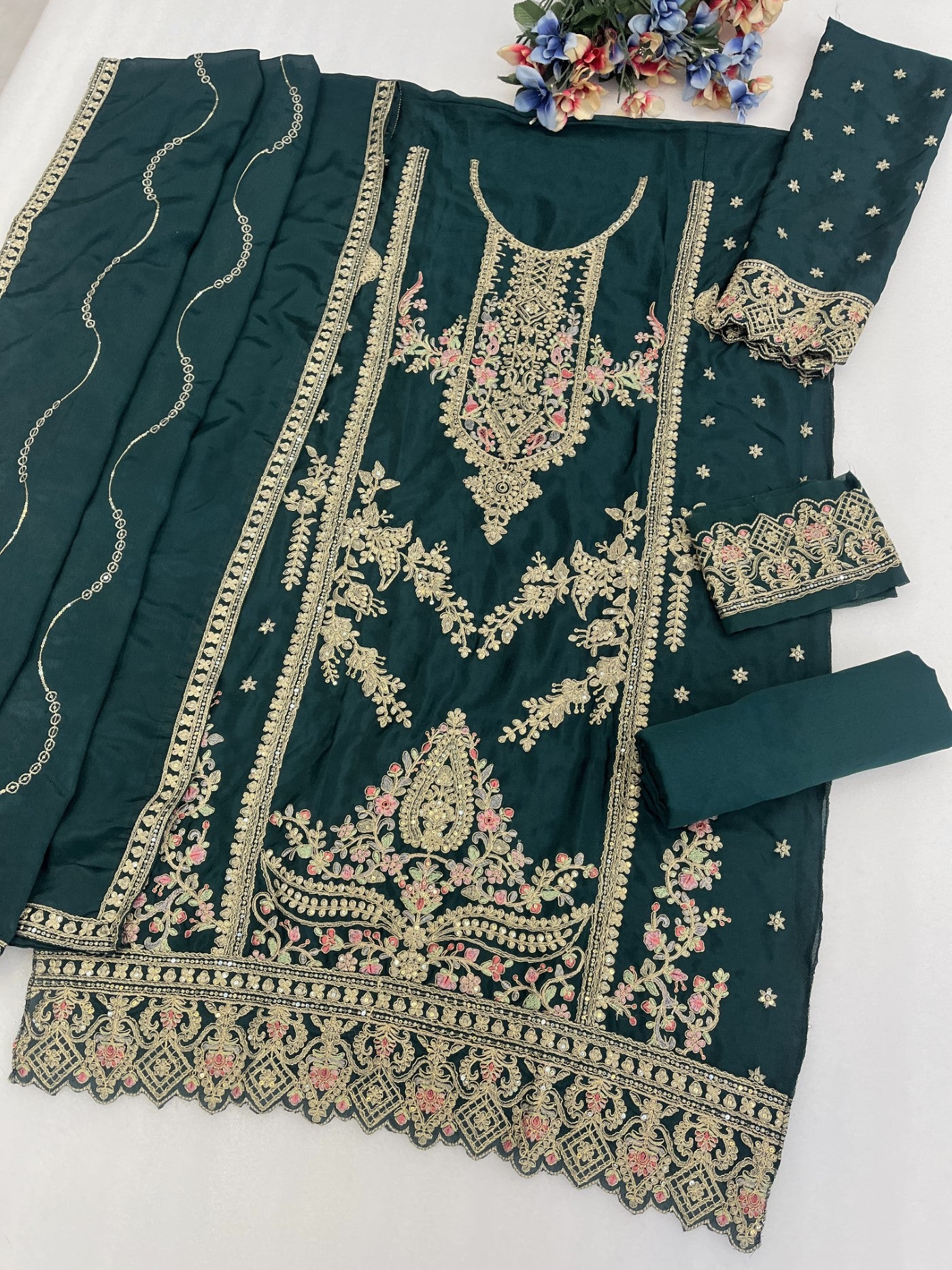 Green Chinon Designer Suit Set With Elegant Embroidery