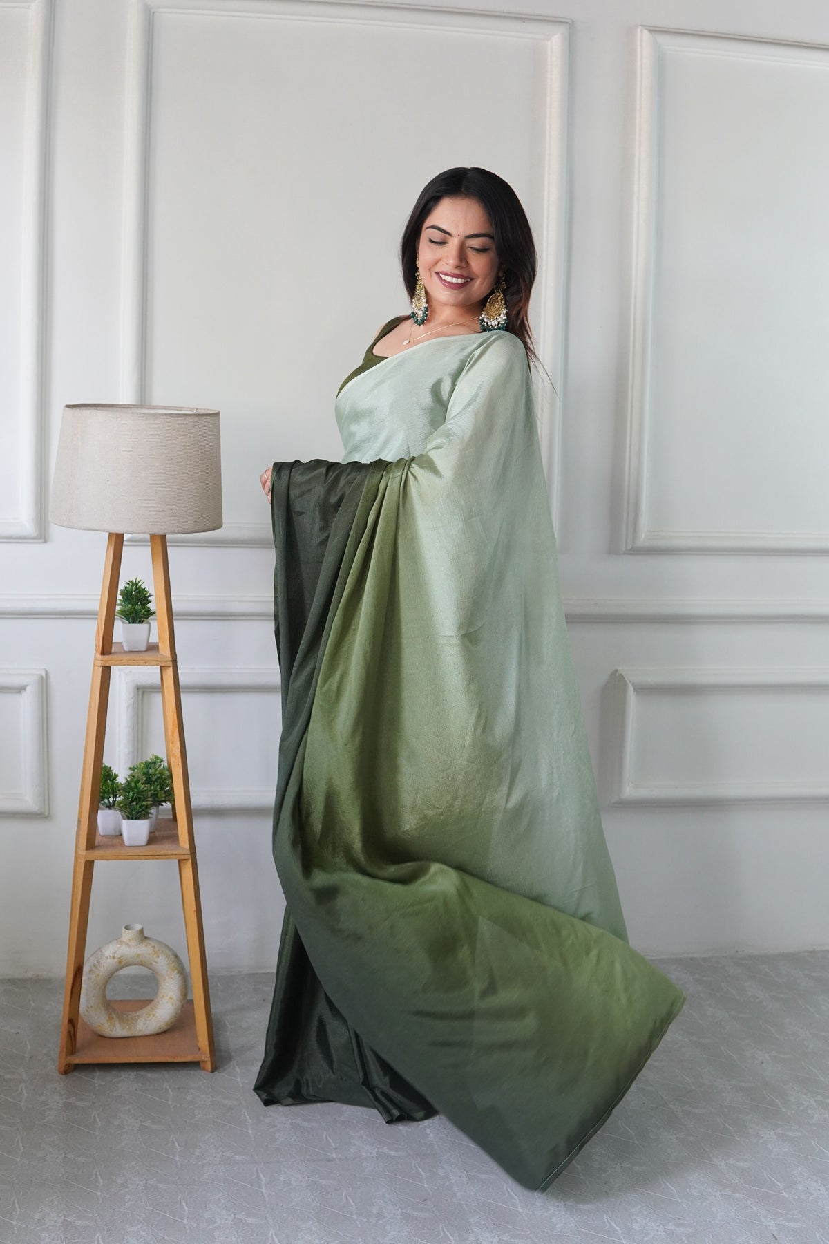 Green Chinon Pedding Solid Designer Ready To Wear Saree