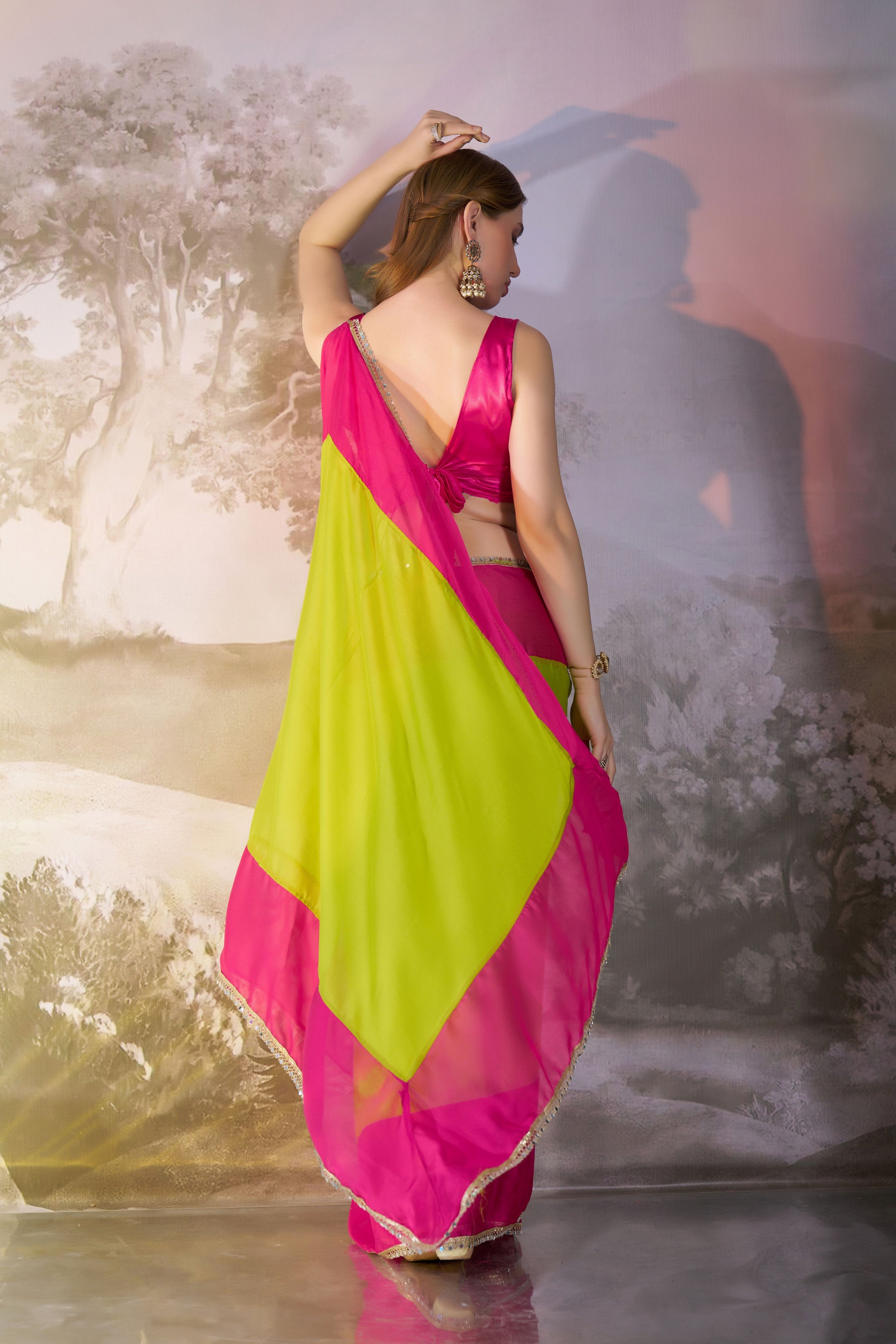 Green Colour Bollywood Style Chiffon Girlie Saree