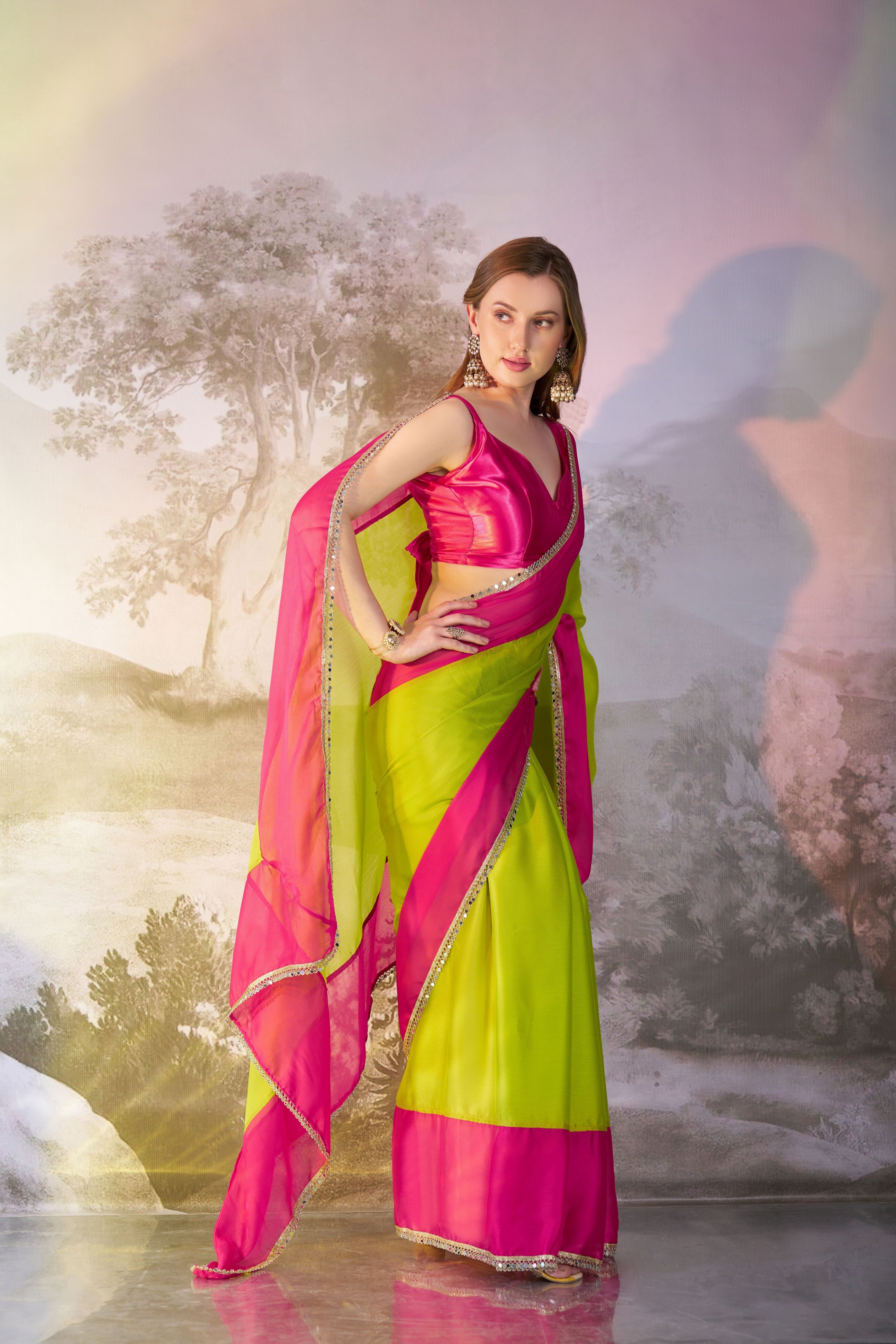 Green Colour Bollywood Style Chiffon Girlie Saree