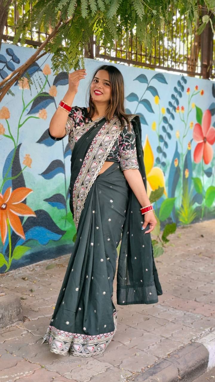 Green Colour Taby Silk Embroidery Work Saree