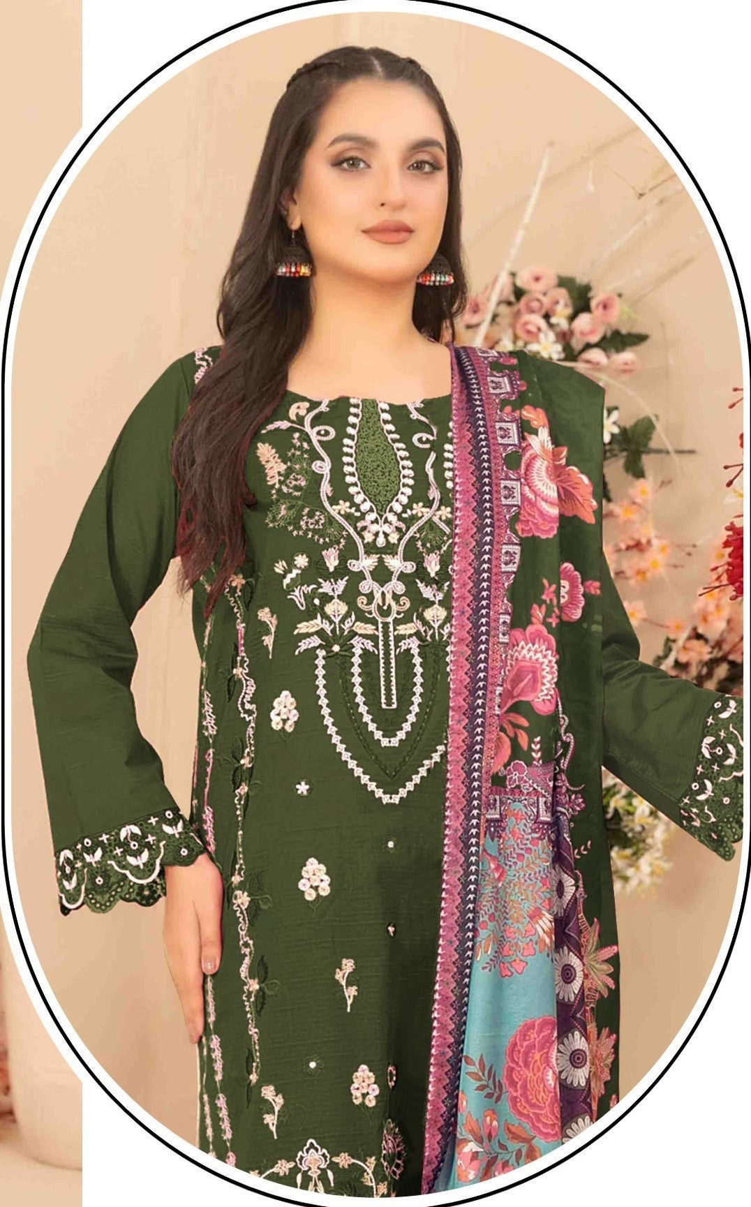 Green Cotton Designer Suit Set With Elegant Embroidery