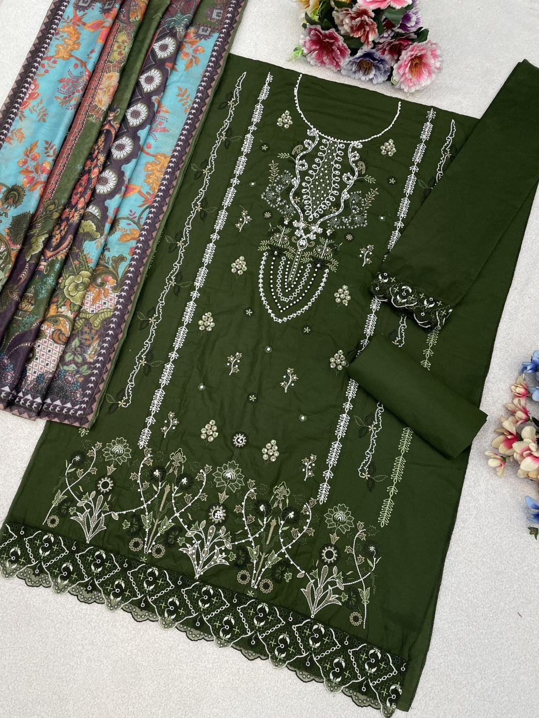 Green Cotton Designer Suit Set With Elegant Embroidery