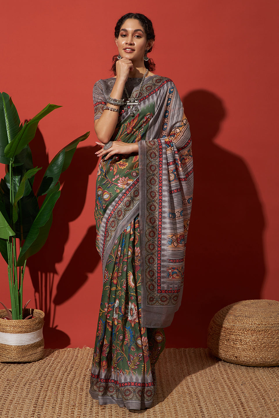 Green Cotton Silk Designer Digital Printed Ethnic Ceremonial Saree
