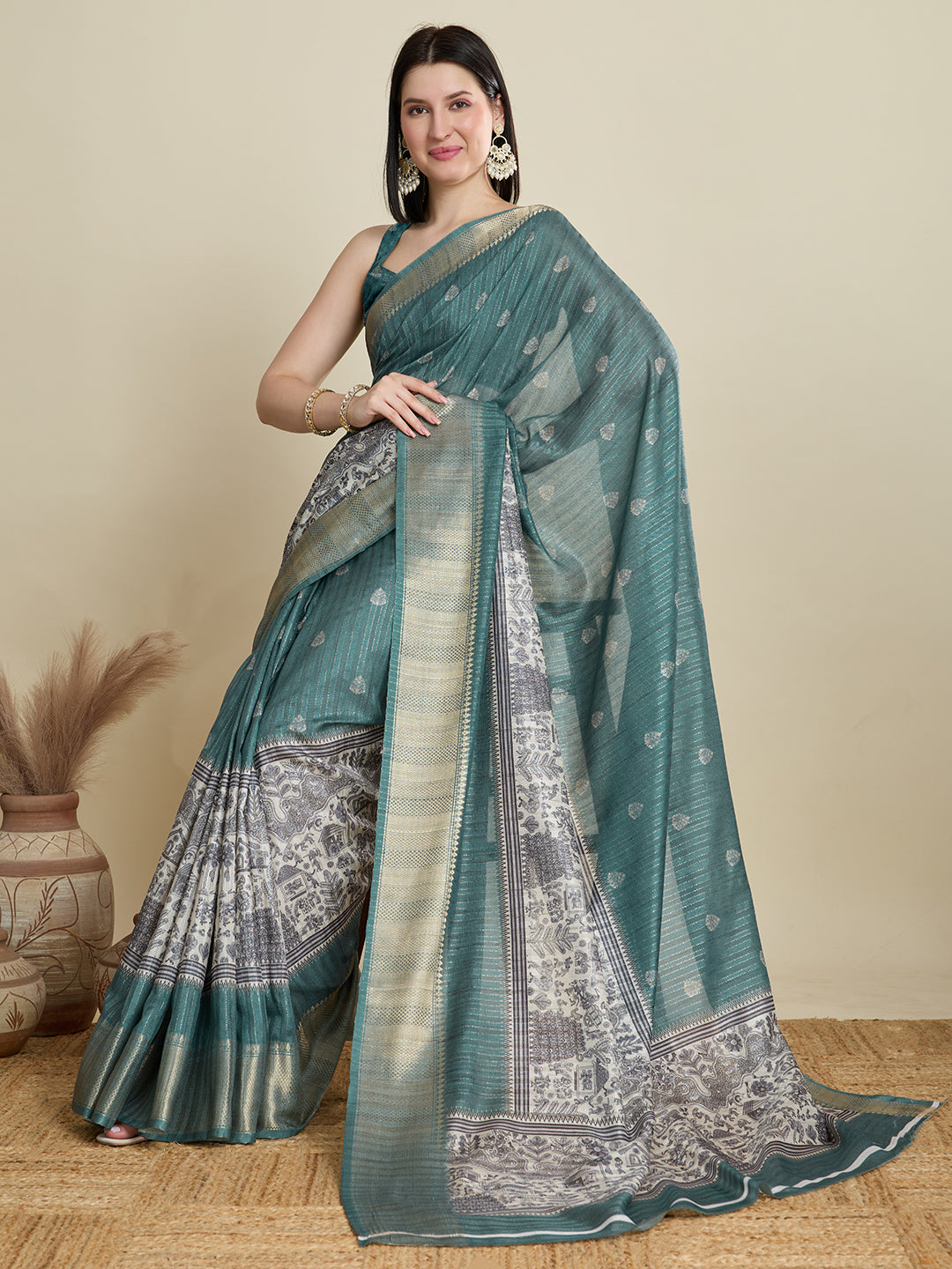 Green Cotton Woven Border Designer And Printed Ceremonial Saree