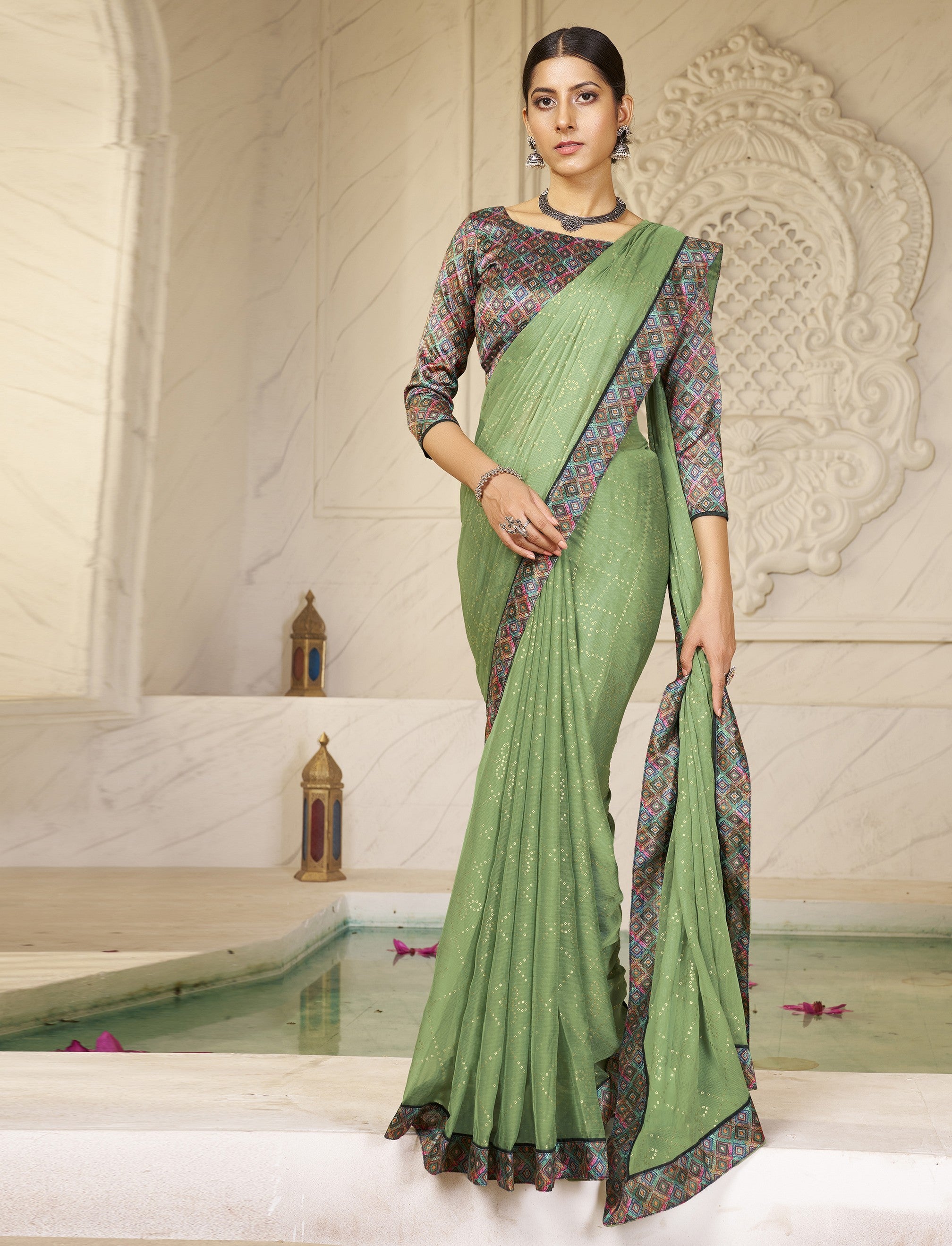 Green Designer Digital Foil Printed Bollywood Style Chiffon Saree