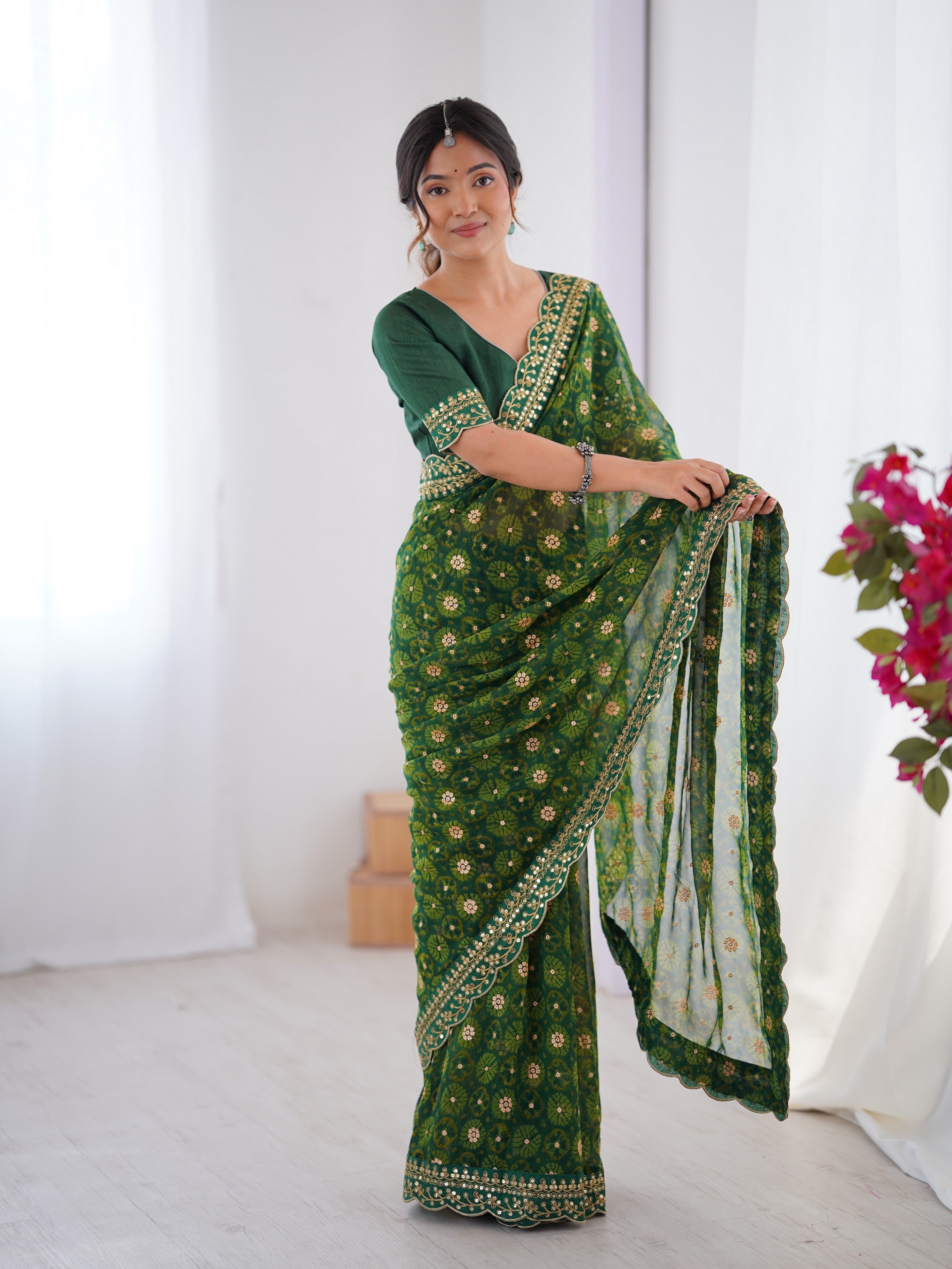 Green Designer Printed With Embroidery Lace Work Georgette Festive Saree