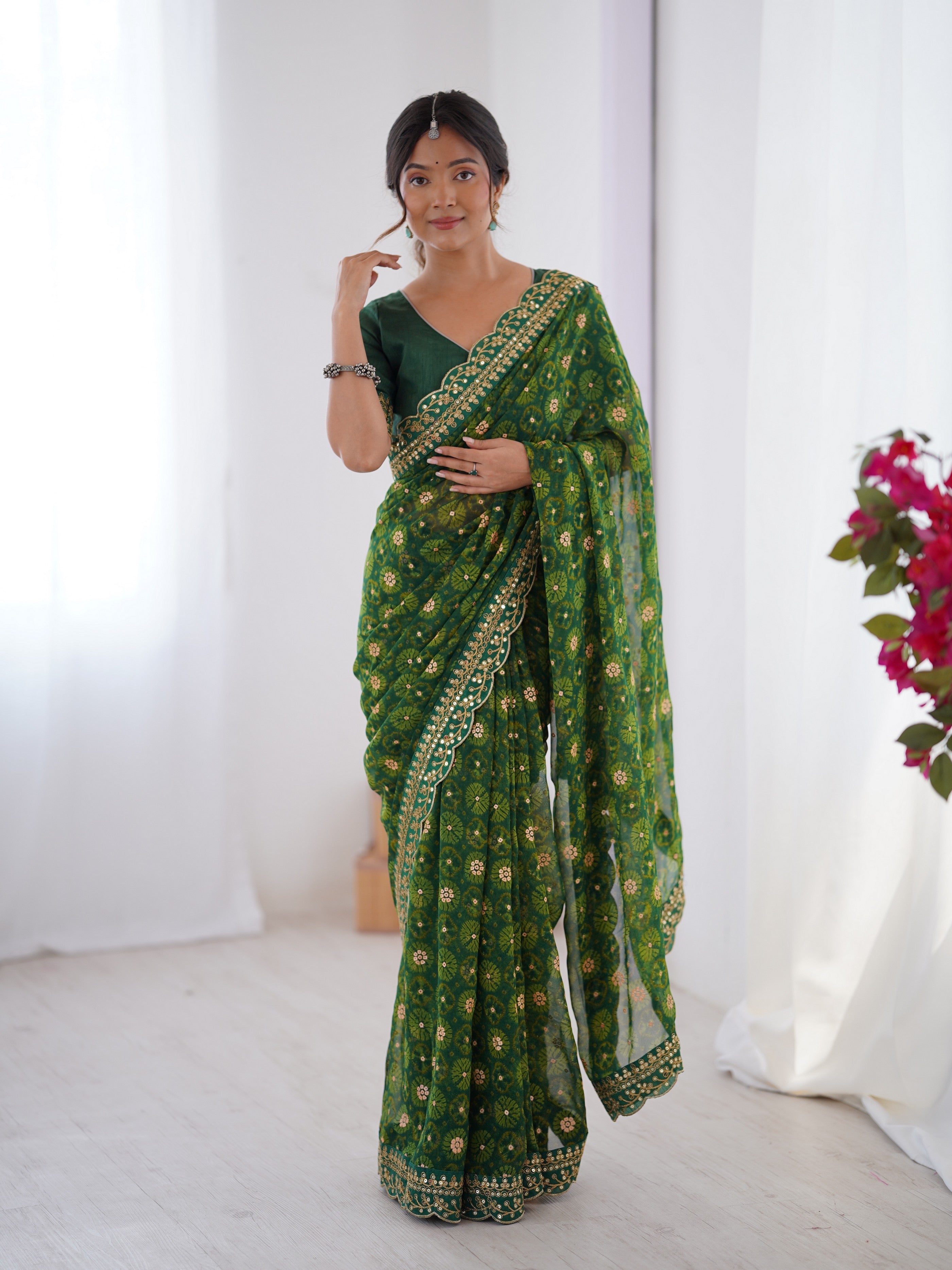 Green Designer Printed With Embroidery Lace Work Georgette Festive Saree