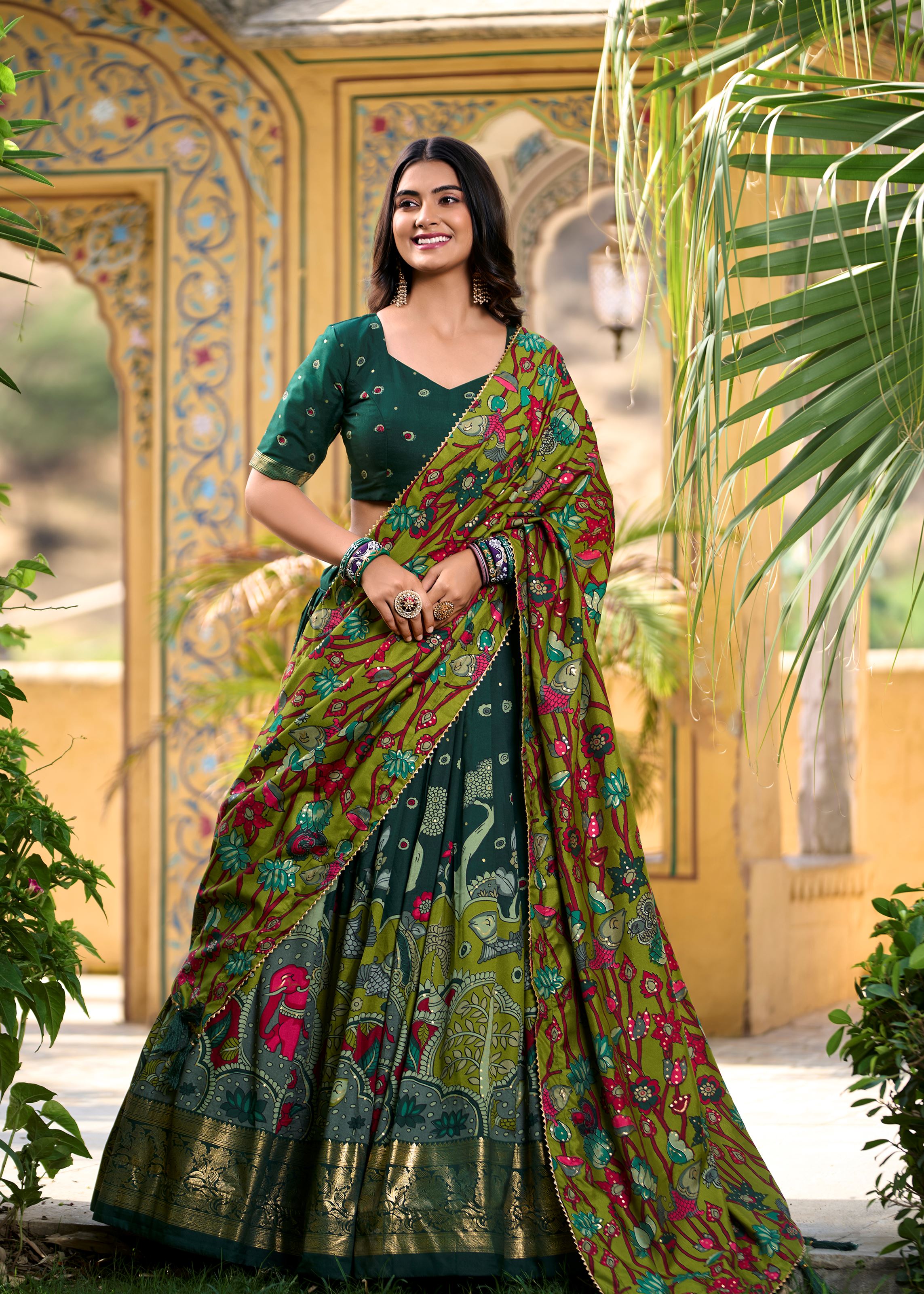 Green Elegance- Tussar Silk Kalamkari Print Lehenga with Foil Work Finish