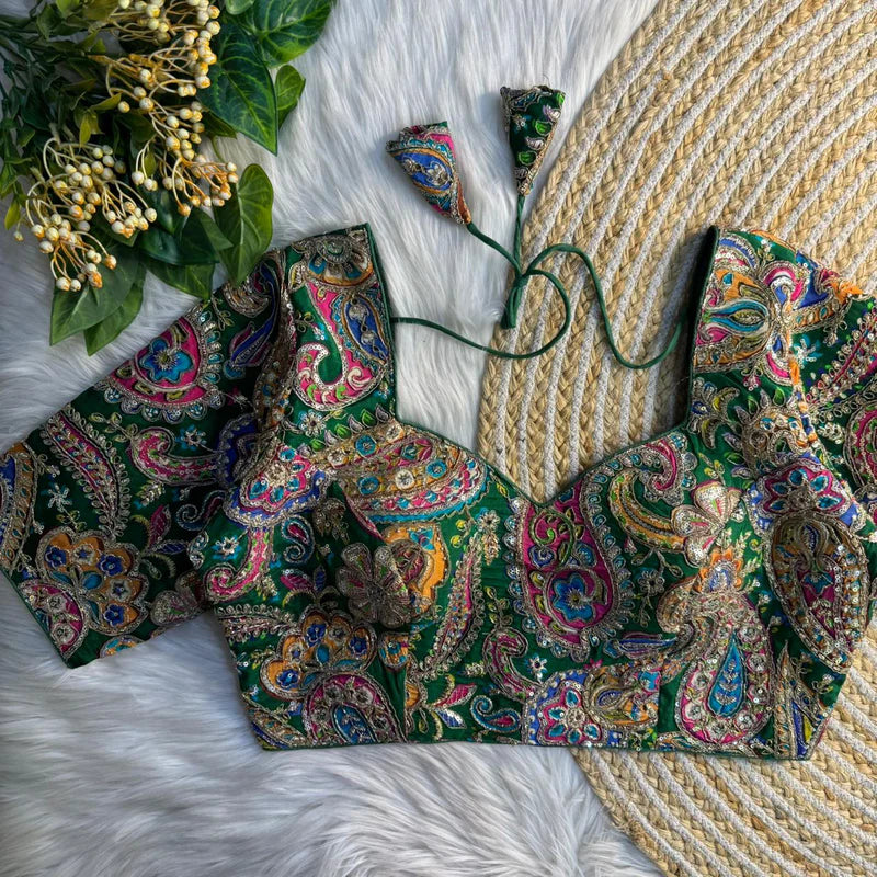 Green Elegant Printed Crepe Partywear Blouse