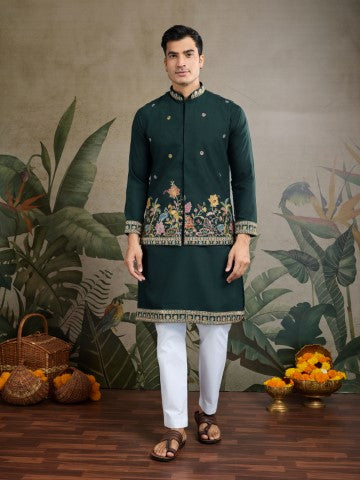 Green Embroidered Kurta with Jacket for Ceremonial Look