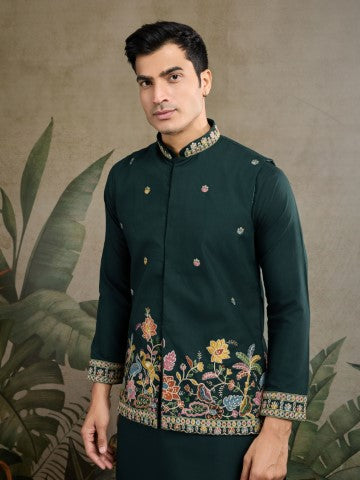 Green Embroidered Kurta with Jacket for Ceremonial Look