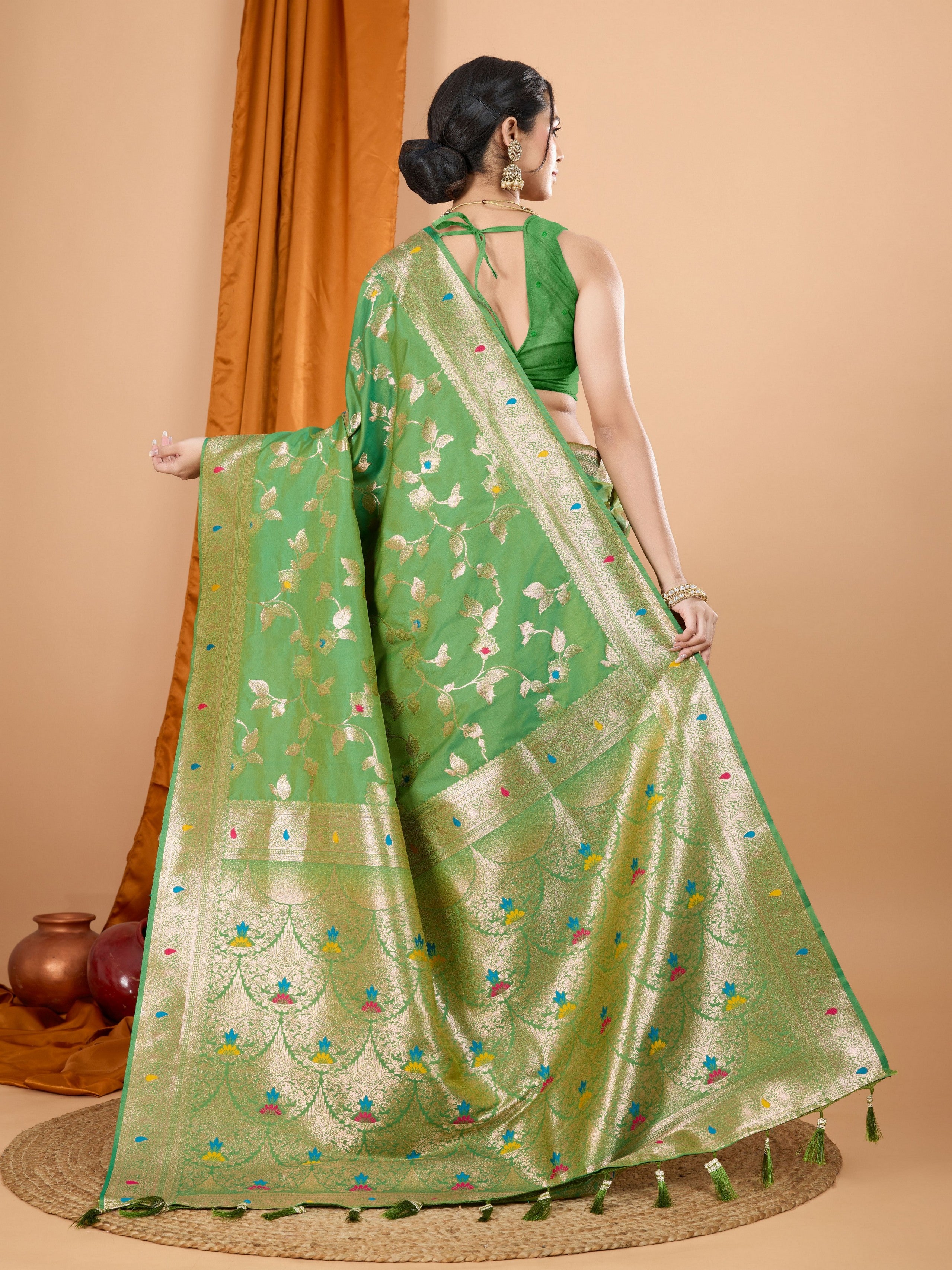 Green Ethnic Banarasi Silk Saree With Woven Jari Designer Work