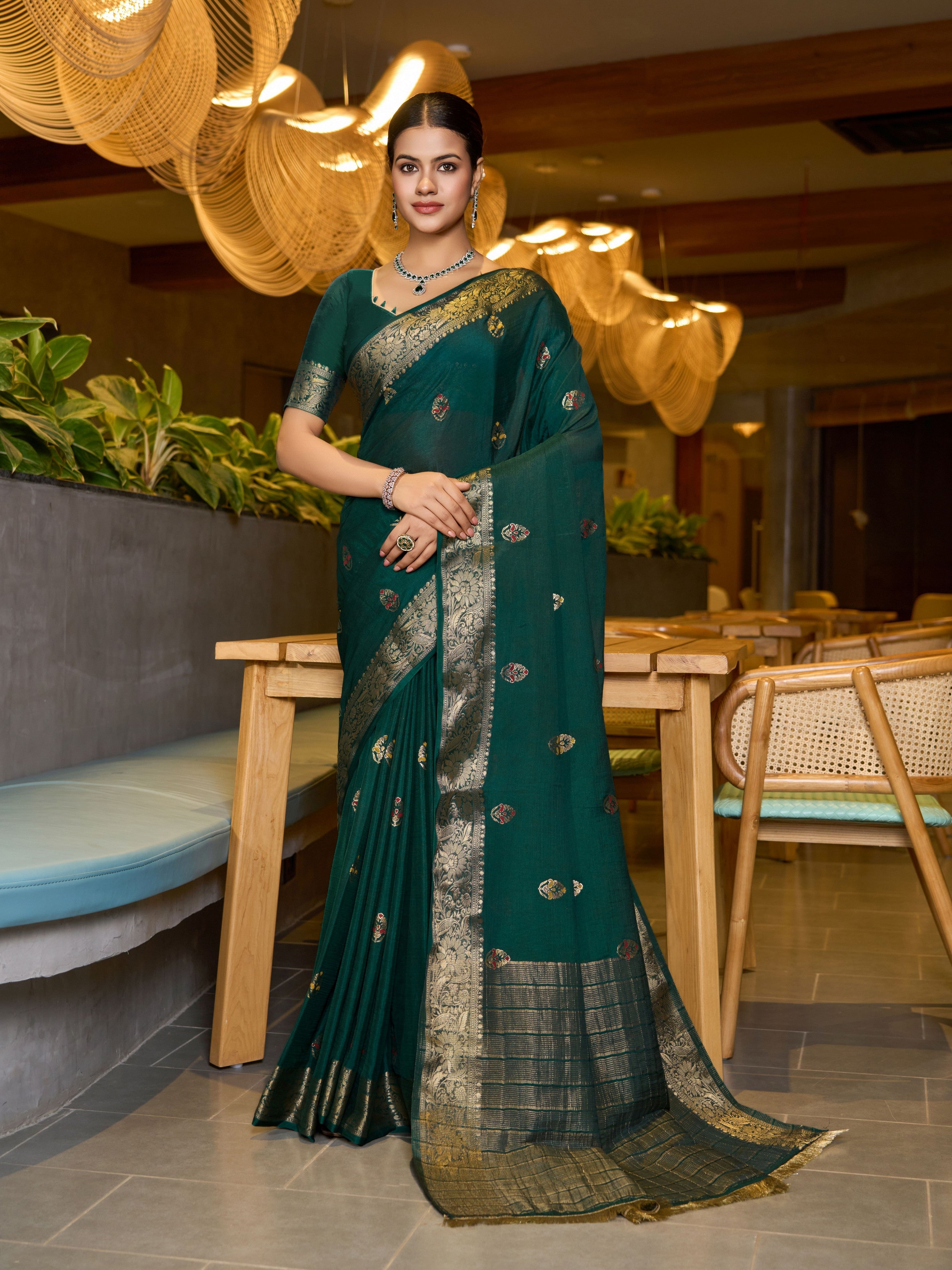 Green Ethnic Chinon Woven Designer Partywear Saree