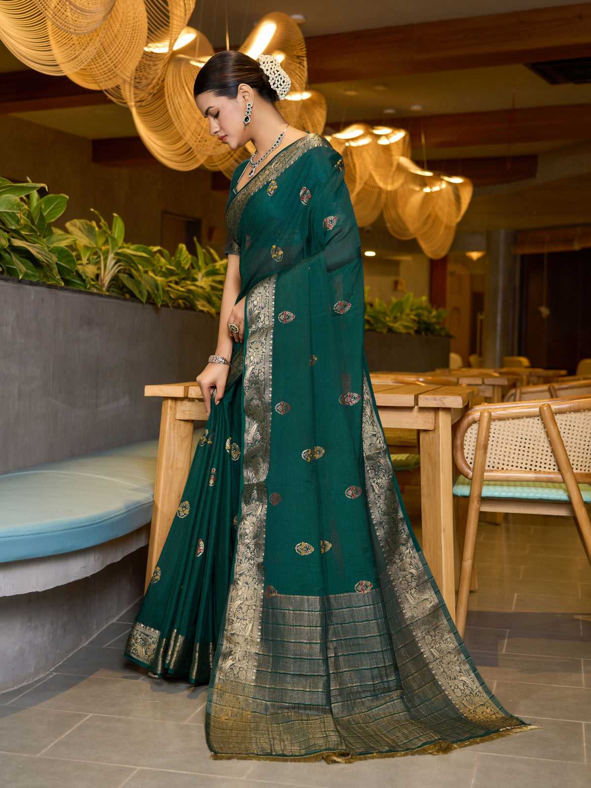 Green Ethnic Chinon Woven Designer Partywear Saree