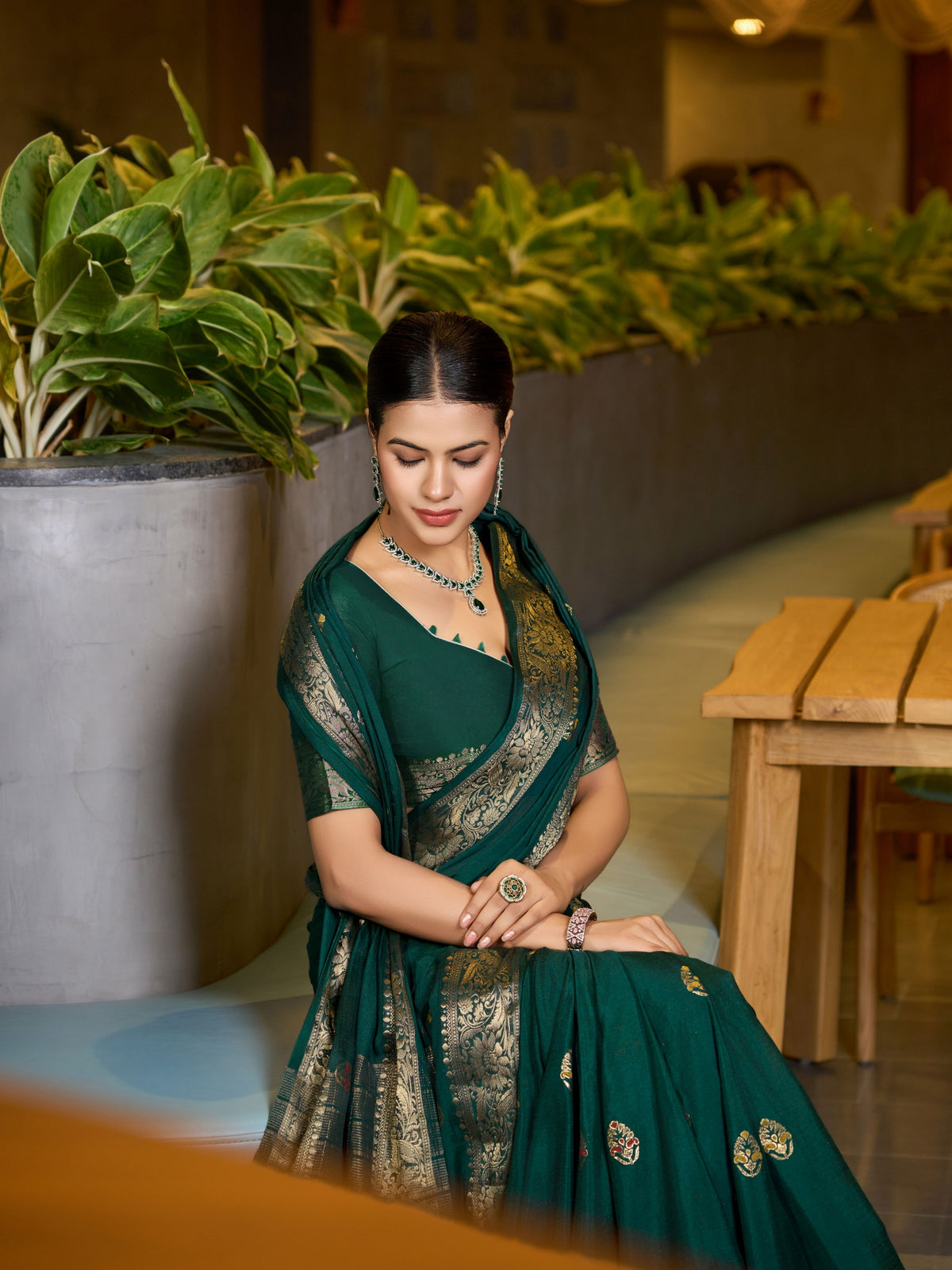 Green Ethnic Chinon Woven Designer Partywear Saree