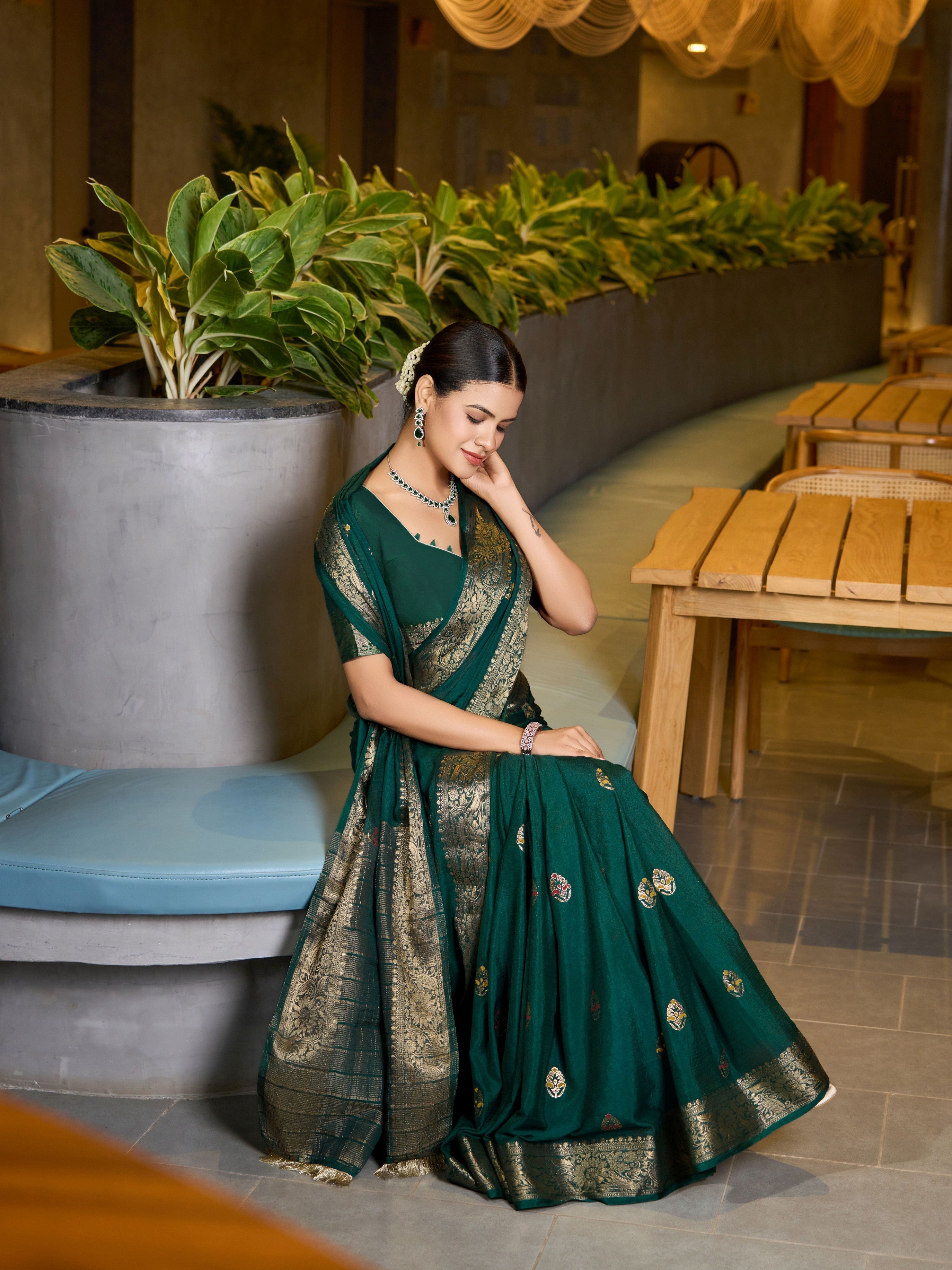 Green Ethnic Chinon Woven Designer Partywear Saree