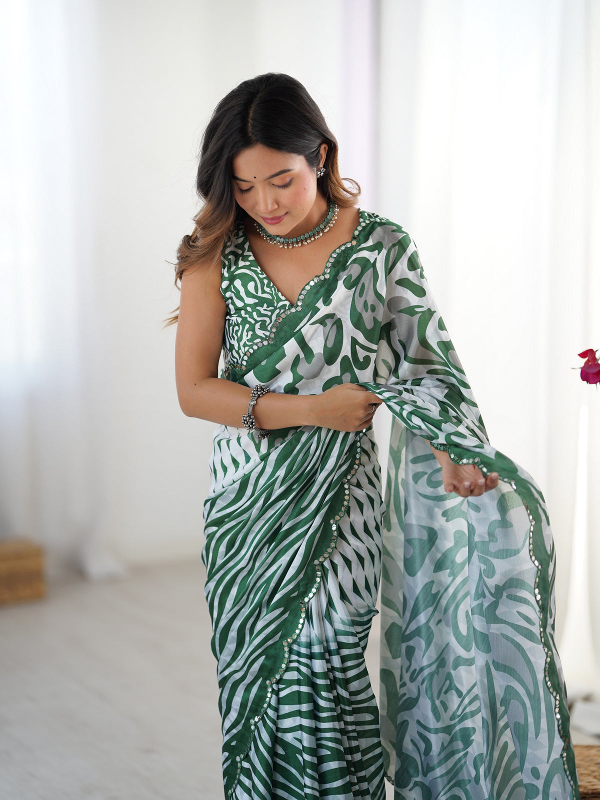 Green Ethnic Partywear Digital Printed Saree With Stylish Cut Border