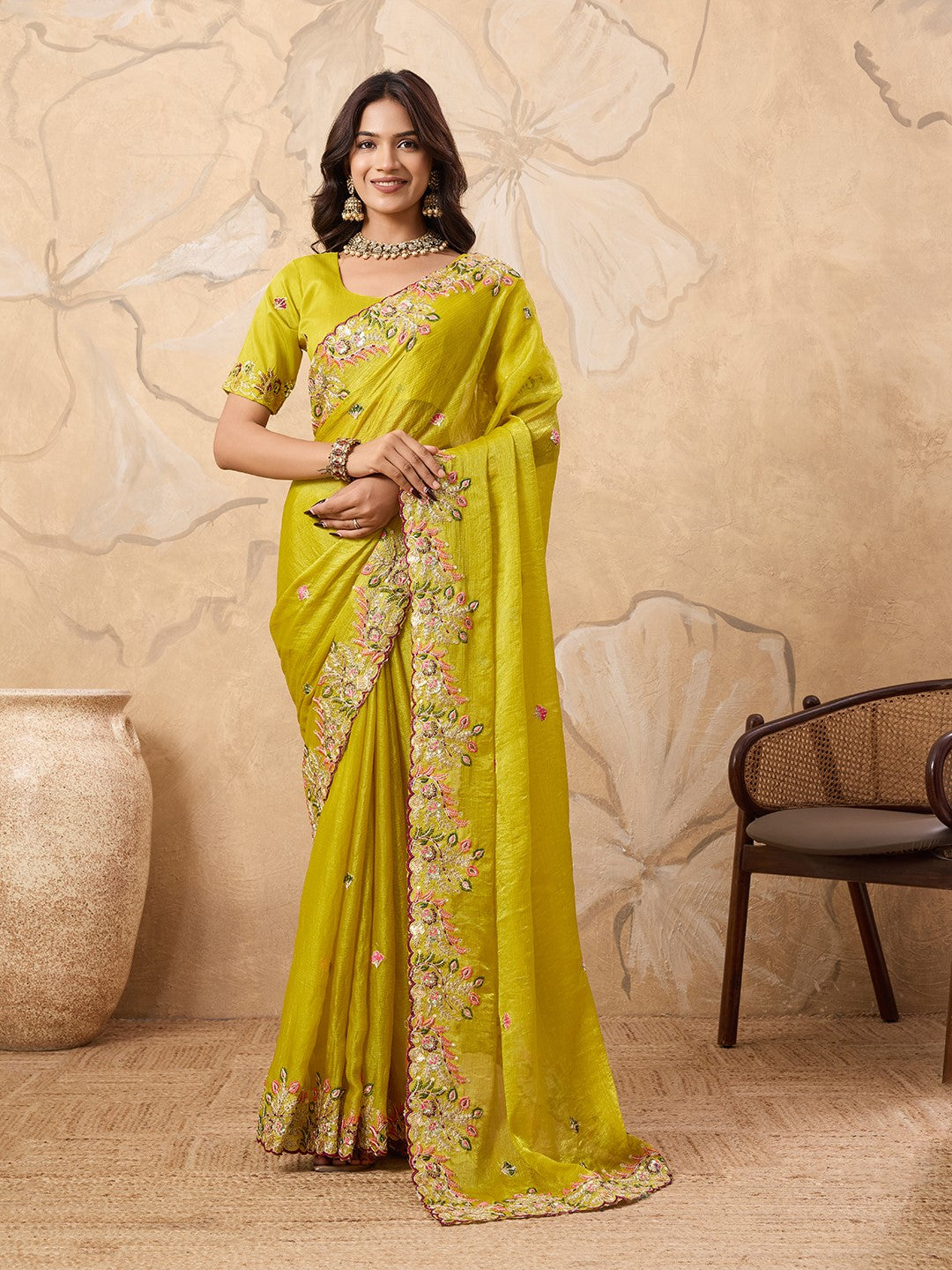 Green Fendy Chiffon Saree With Elegant Embroidery