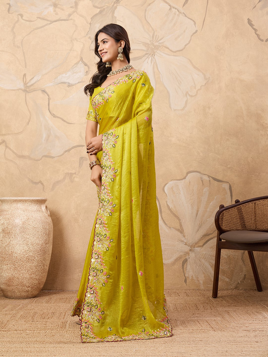 Green Fendy Chiffon Saree With Elegant Embroidery