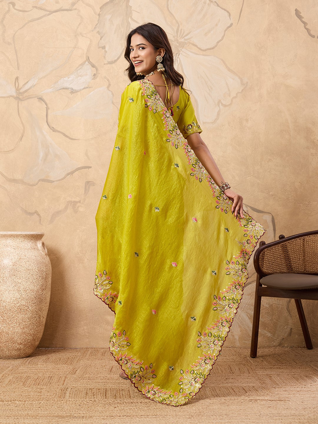 Green Fendy Chiffon Saree With Elegant Embroidery