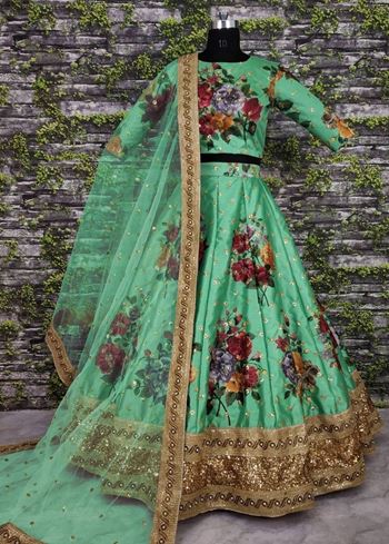 Green Floral Digital Printed Art Silk Bridal Lehenga Choli