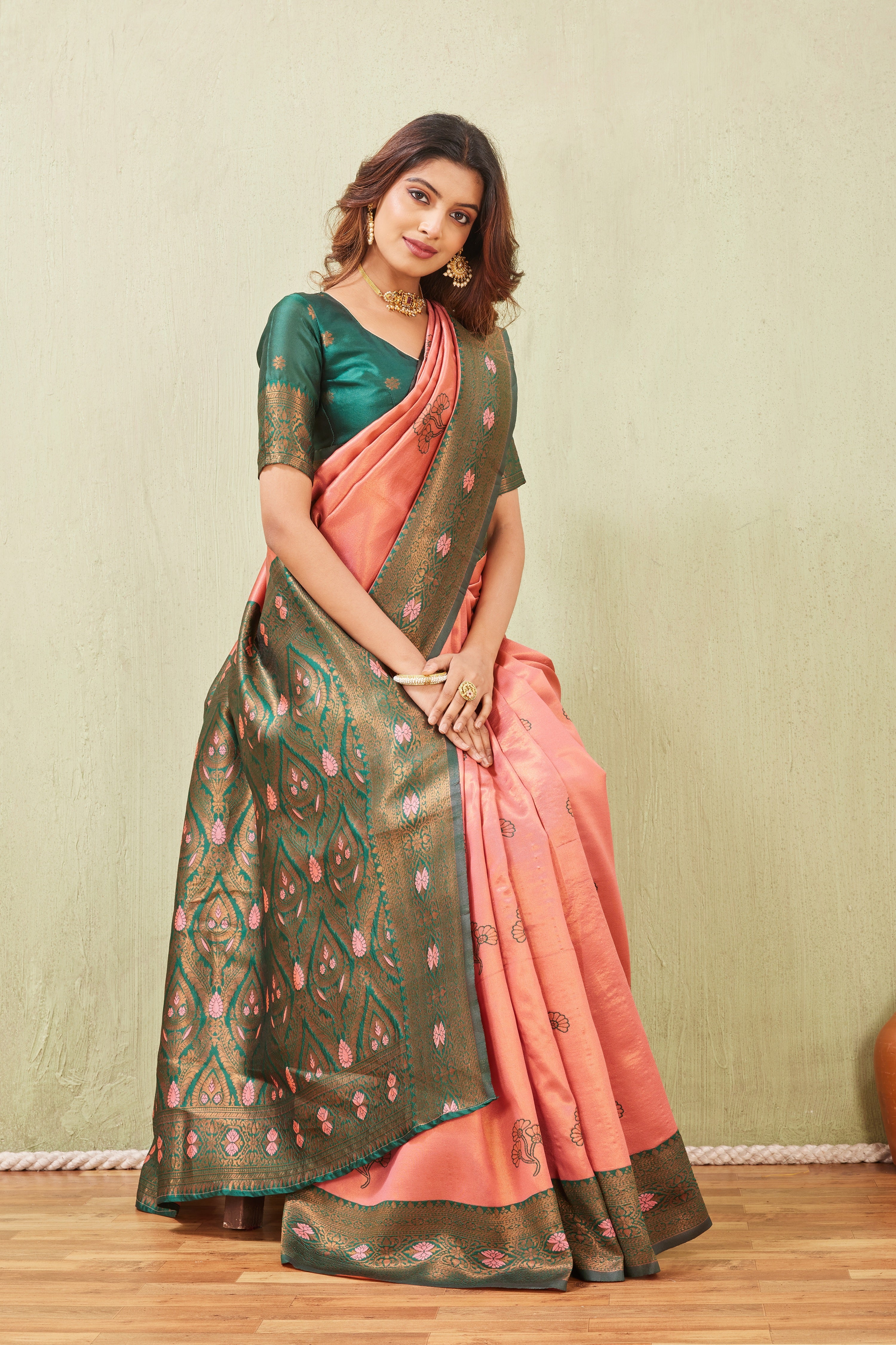 Green Gajri Banarasi Silk Saree with Rich Pallu & Elegant Jacquard Jari Work