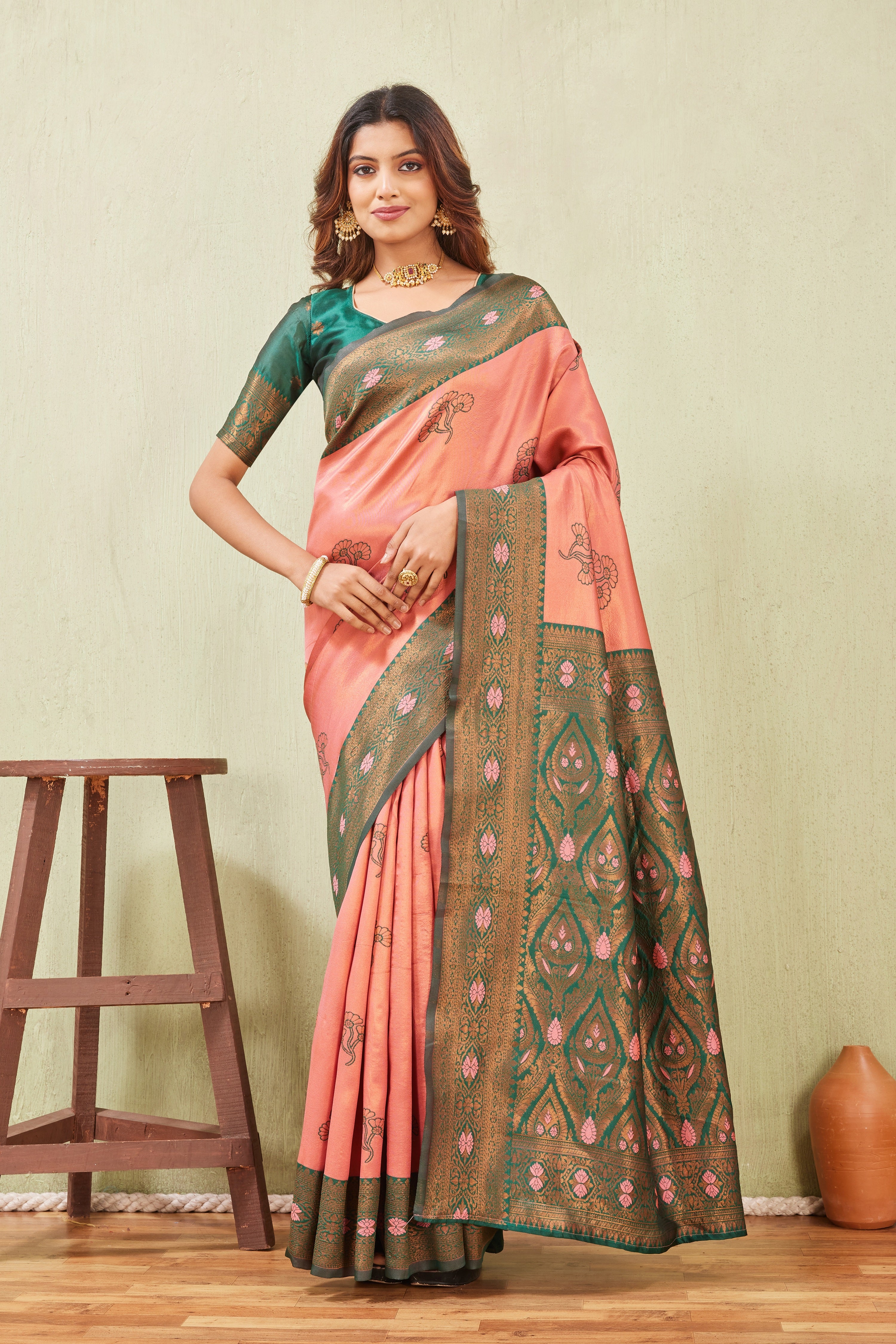 Green Gajri Banarasi Silk Saree with Rich Pallu & Elegant Jacquard Jari Work