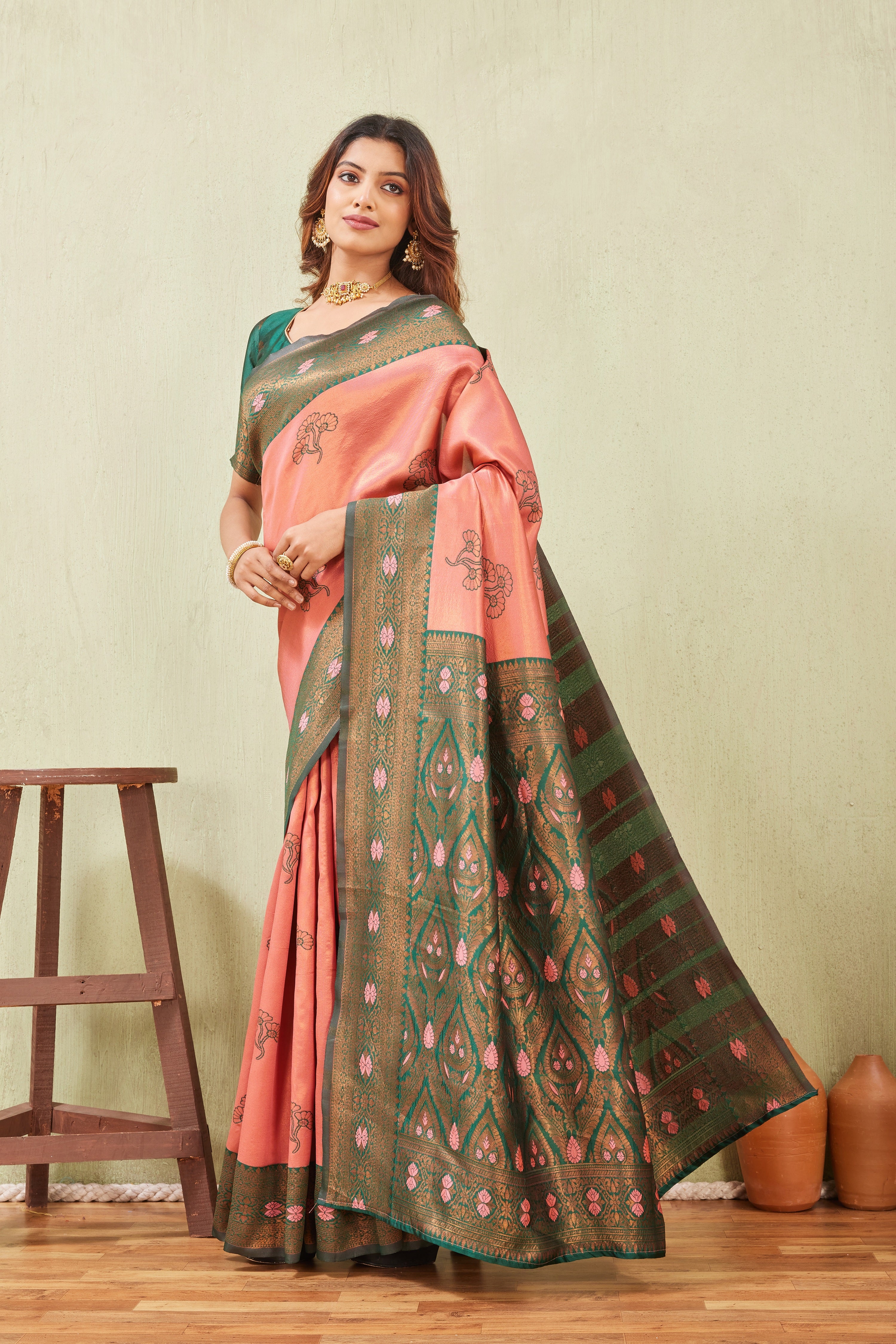 Green Gajri Banarasi Silk Saree with Rich Pallu & Elegant Jacquard Jari Work