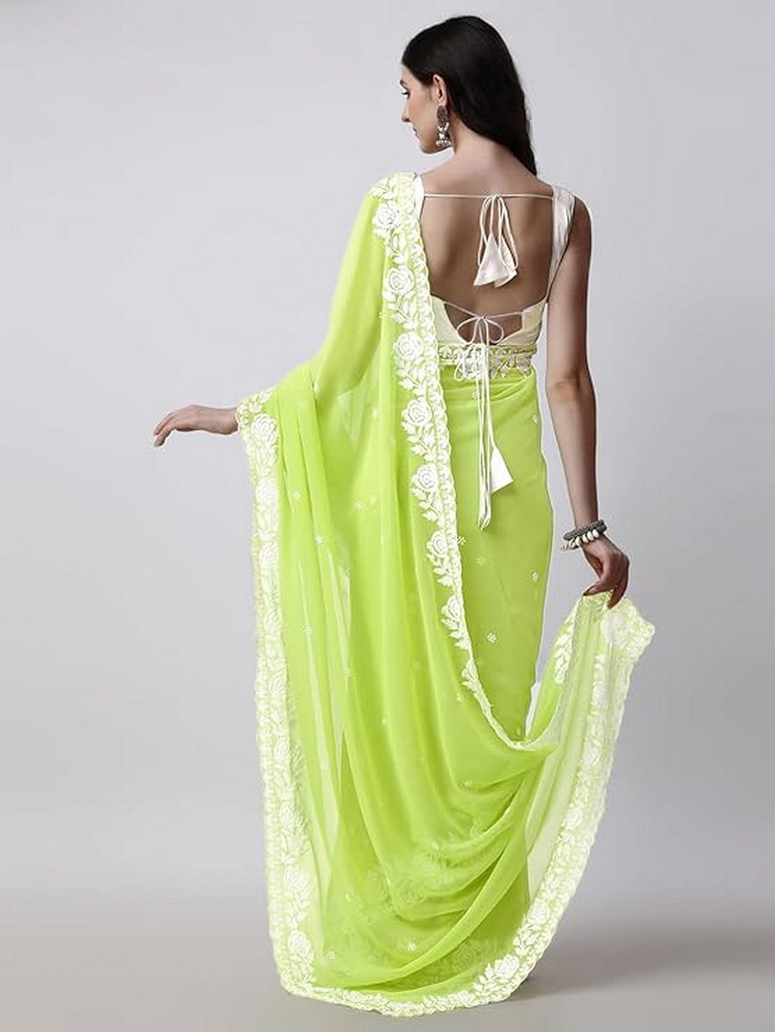 Green Georgette Designer Embroidery Work Heavy Partywear Saree