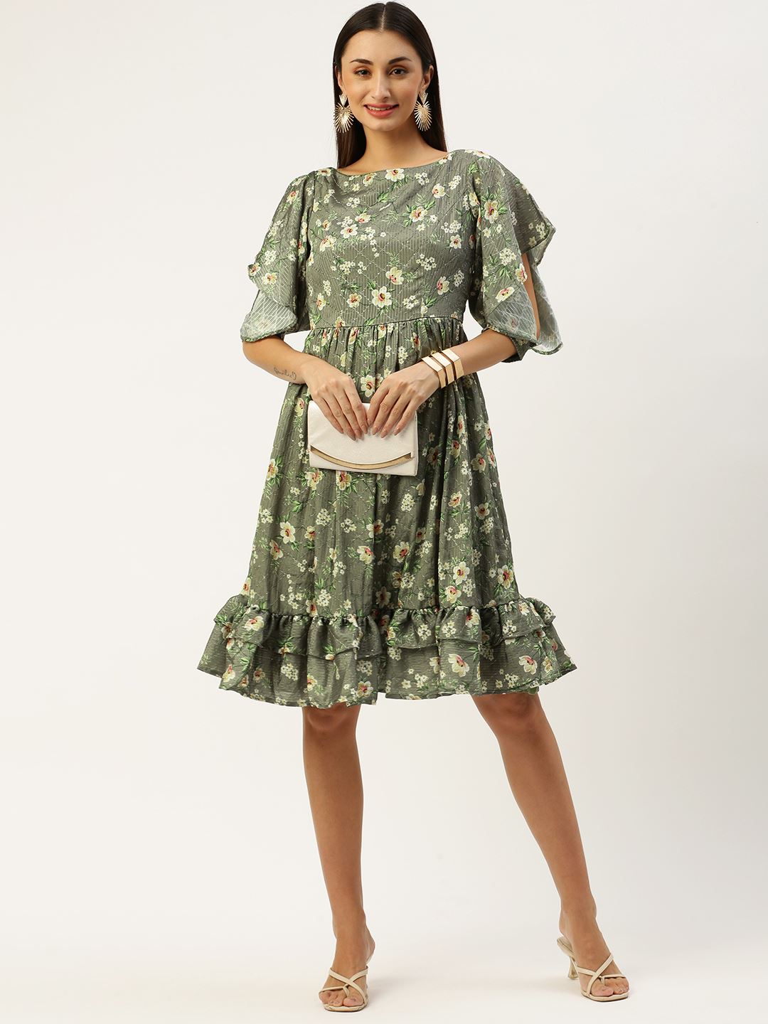 Green Georgette Dress with Floral Print with Crochat Work