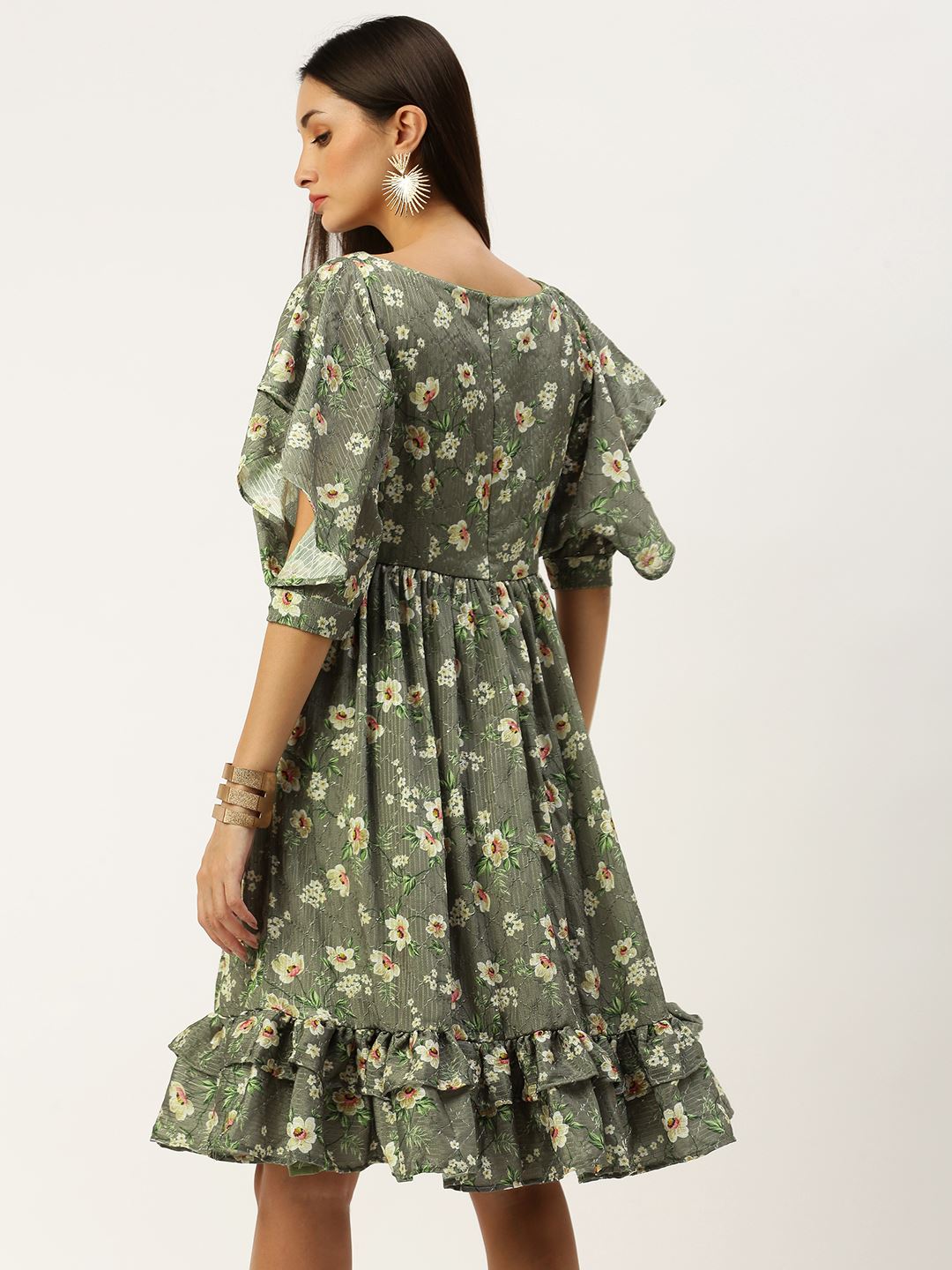 Green Georgette Dress with Floral Print with Crochat Work