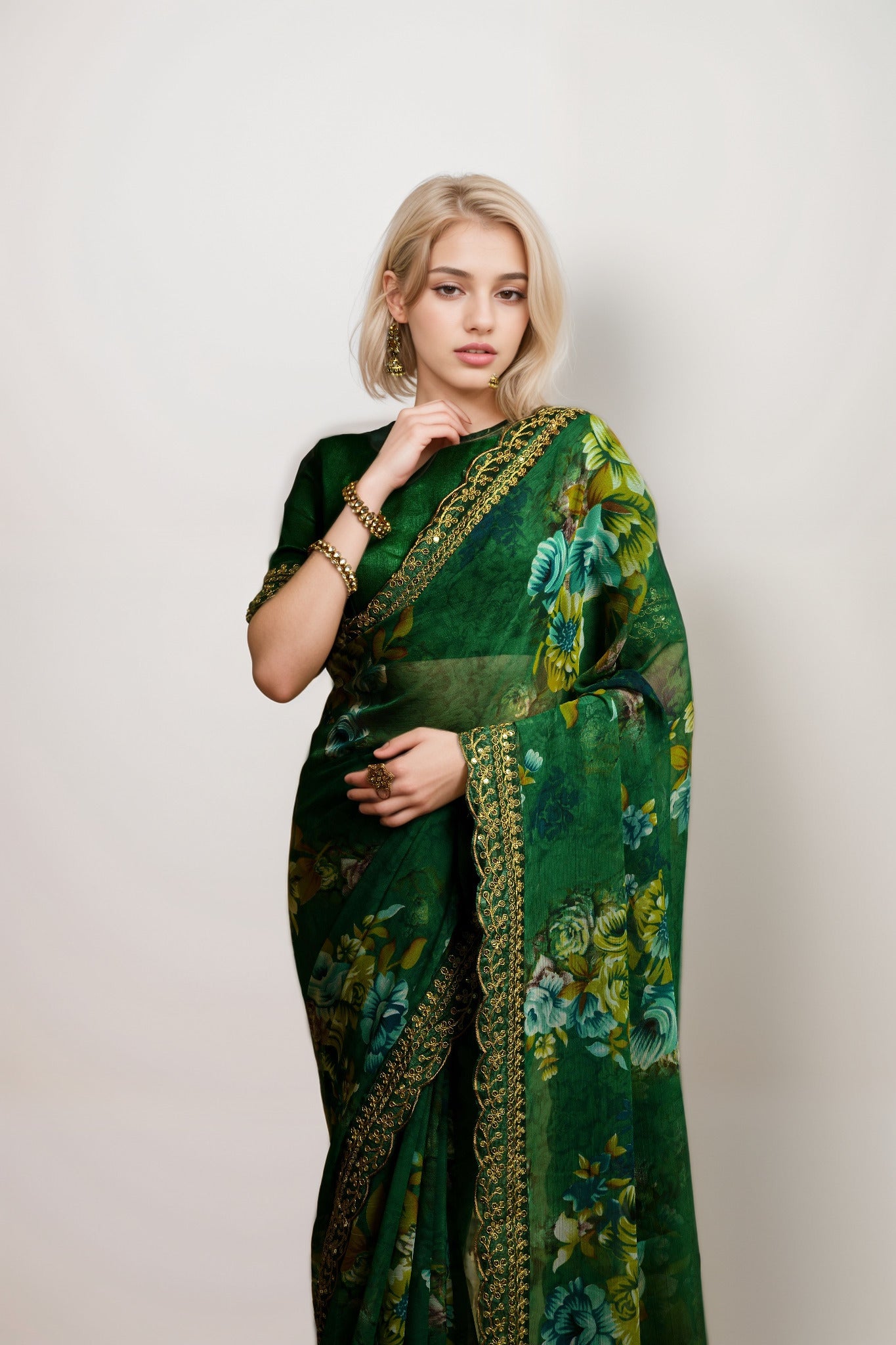 Green Georgette Floral Printed With Embroidered Border Saree
