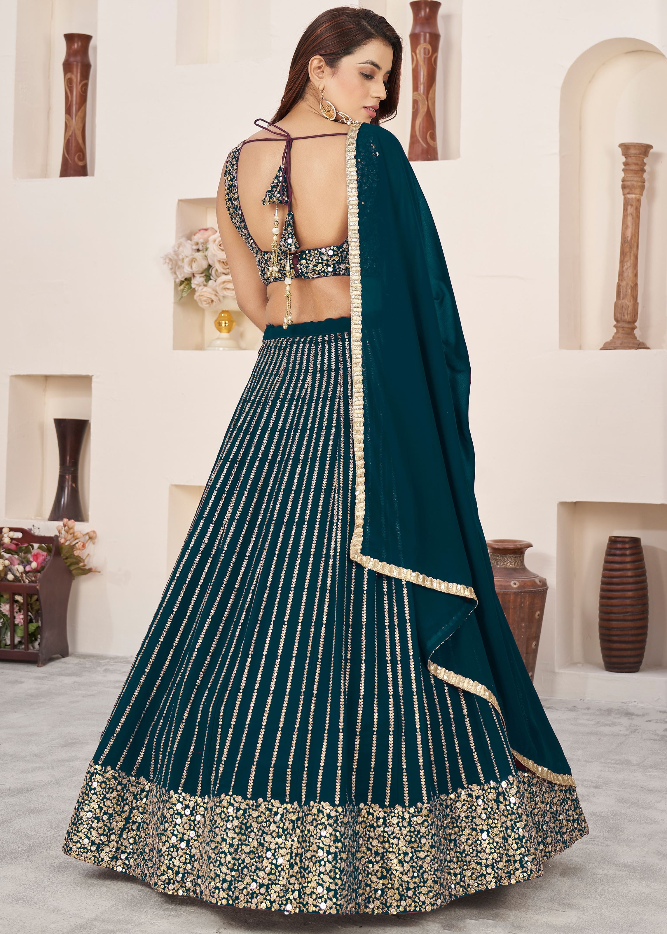 Green Georgette Lehenga Choli With Sequins Zari Embroidered Work