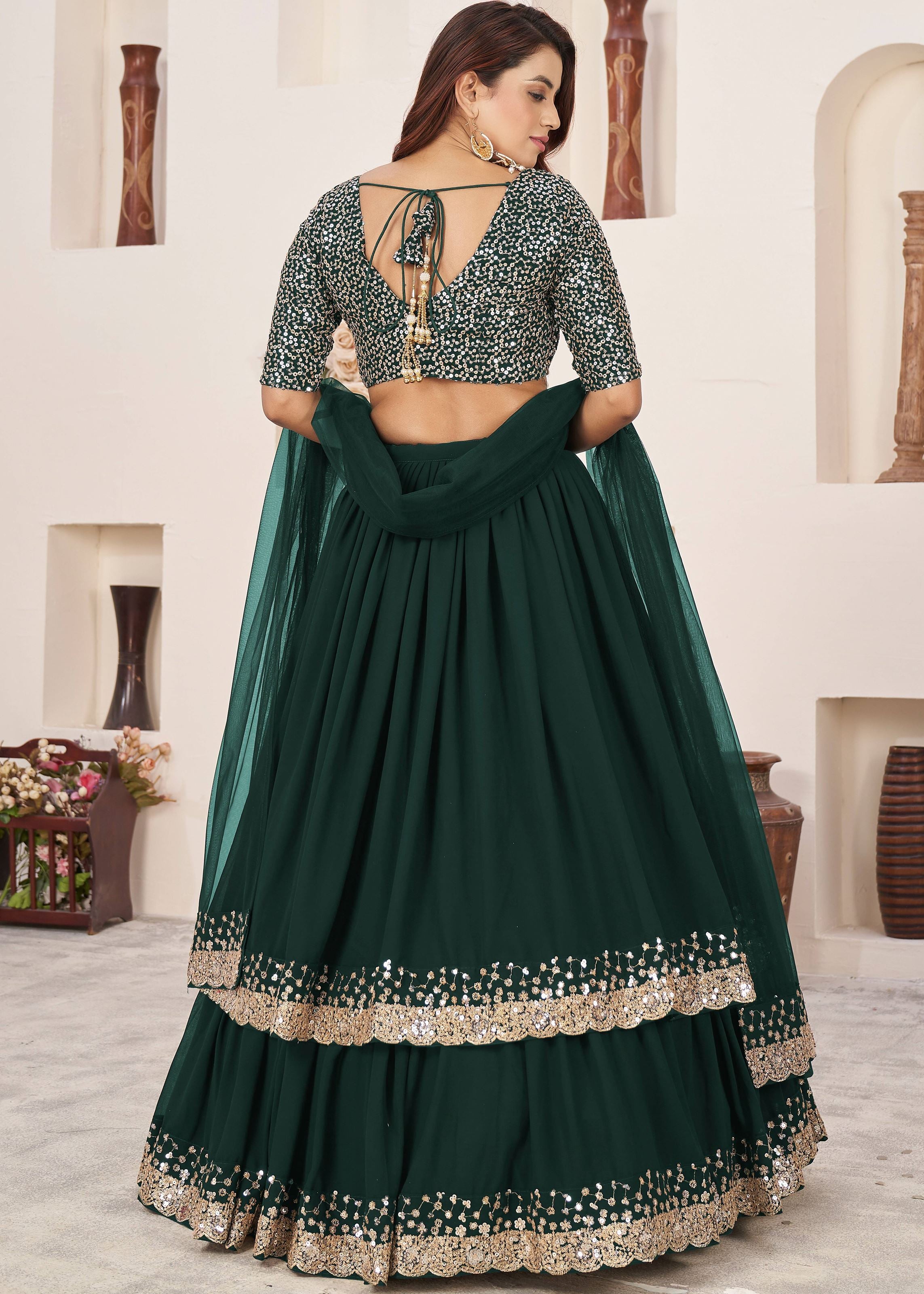 Green Georgette Lehenga Choli With Sequins Zari Embroidered Work