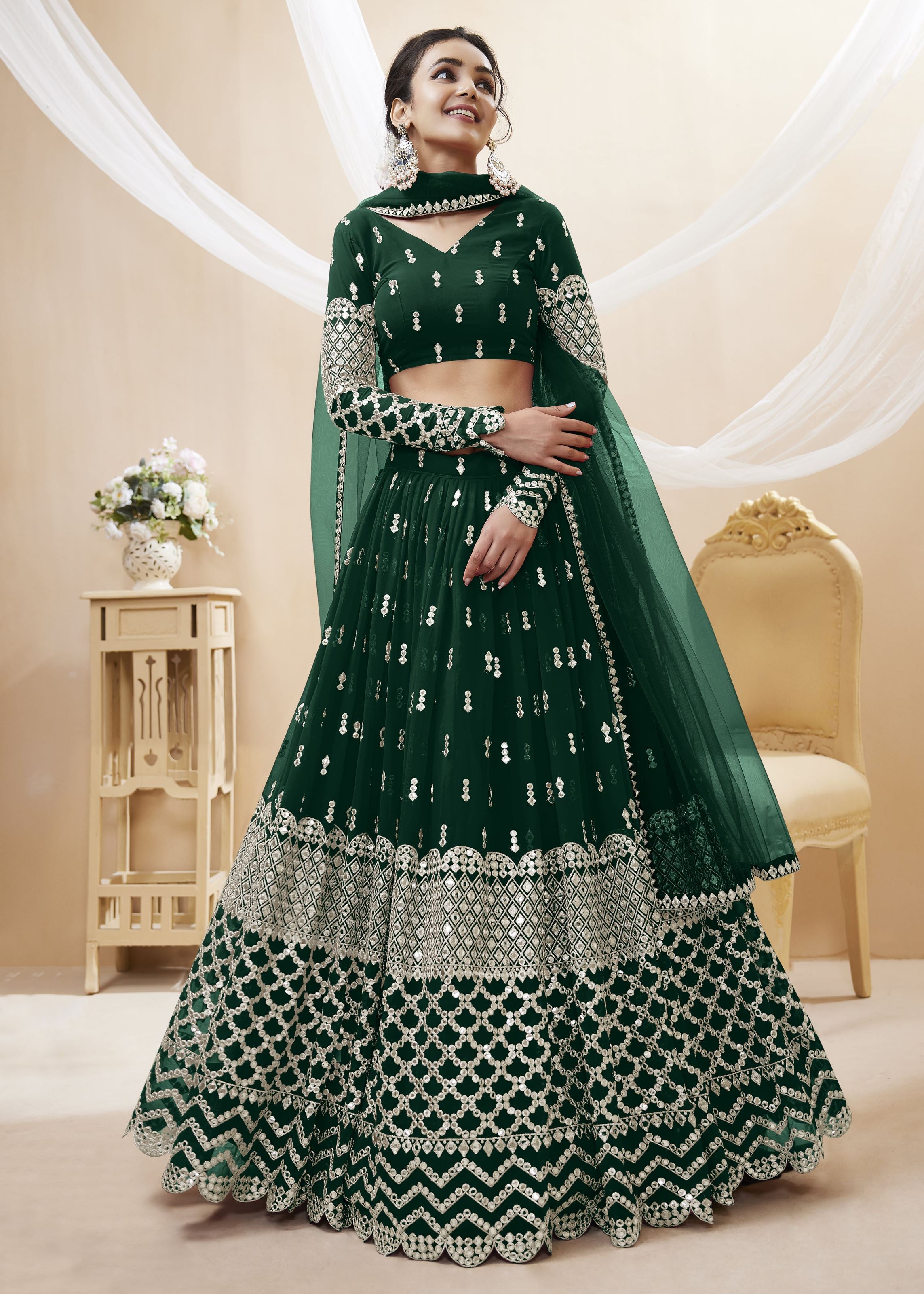 Green Georgette Lehenga Choli With Sequins Zari Embroidered Work