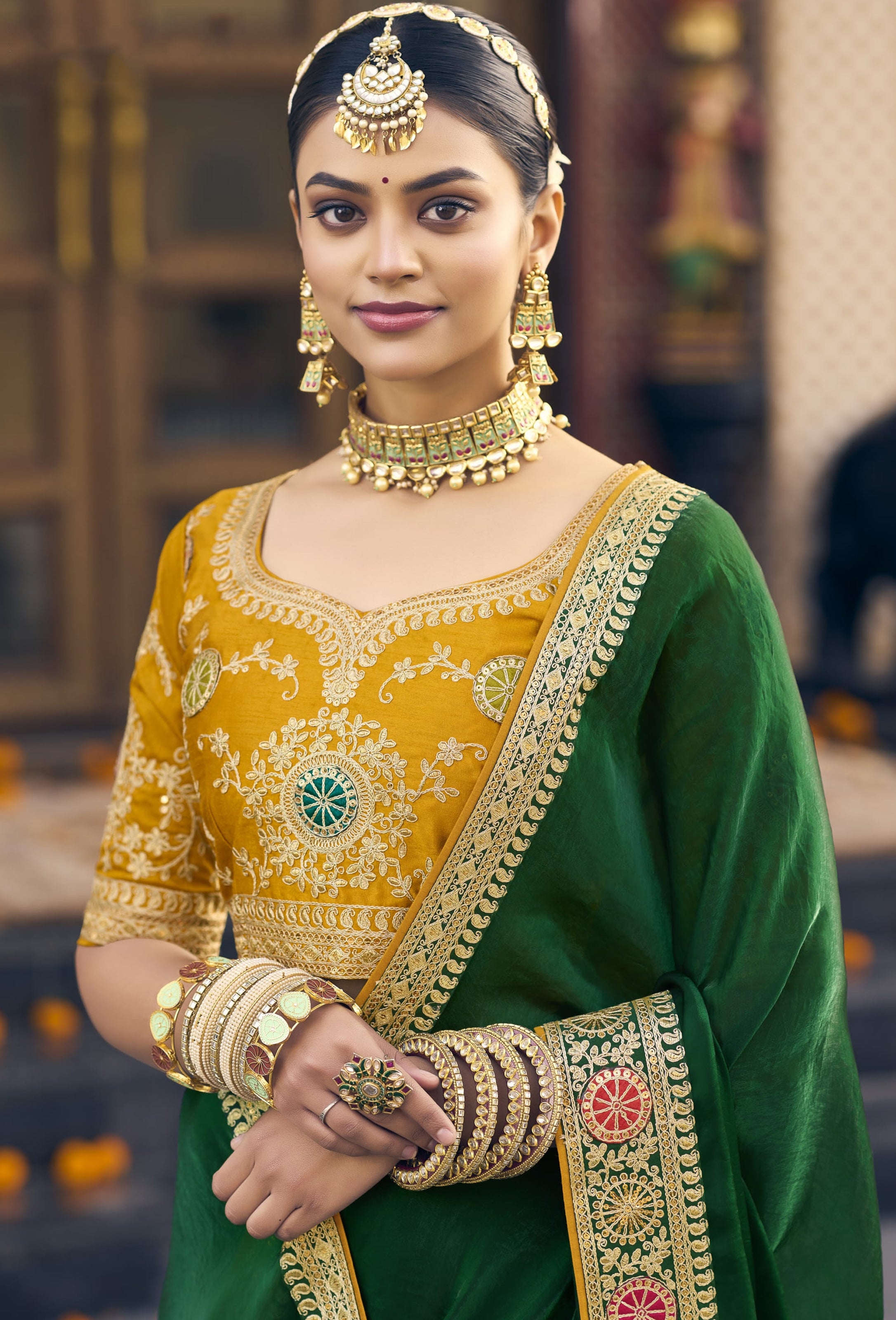 Green Georgette Plain Saree With Embroidered Lace Border