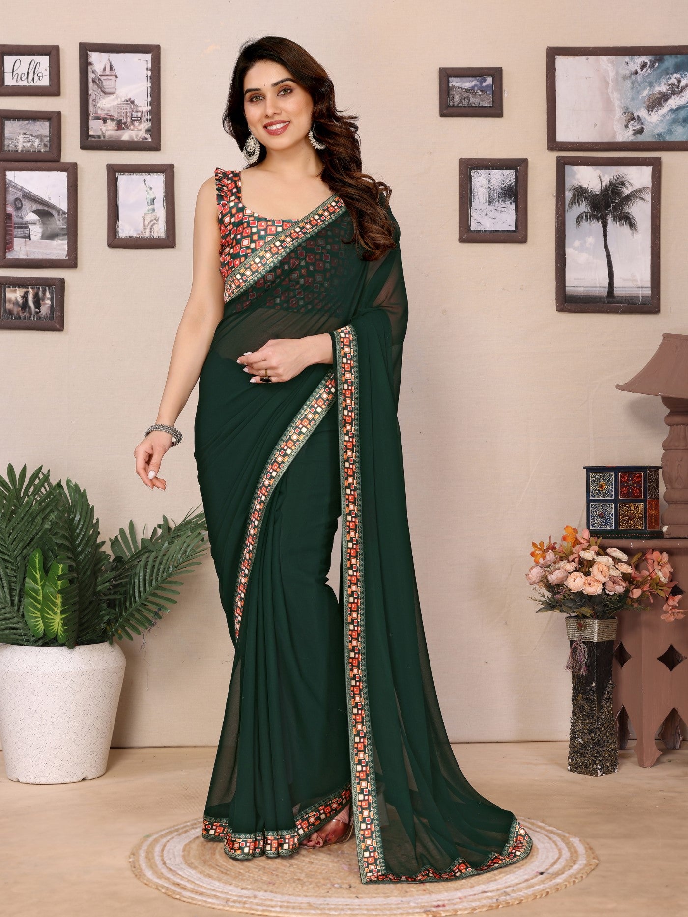 Green Georgette Saree With Plain Design And Digital Print Blouse