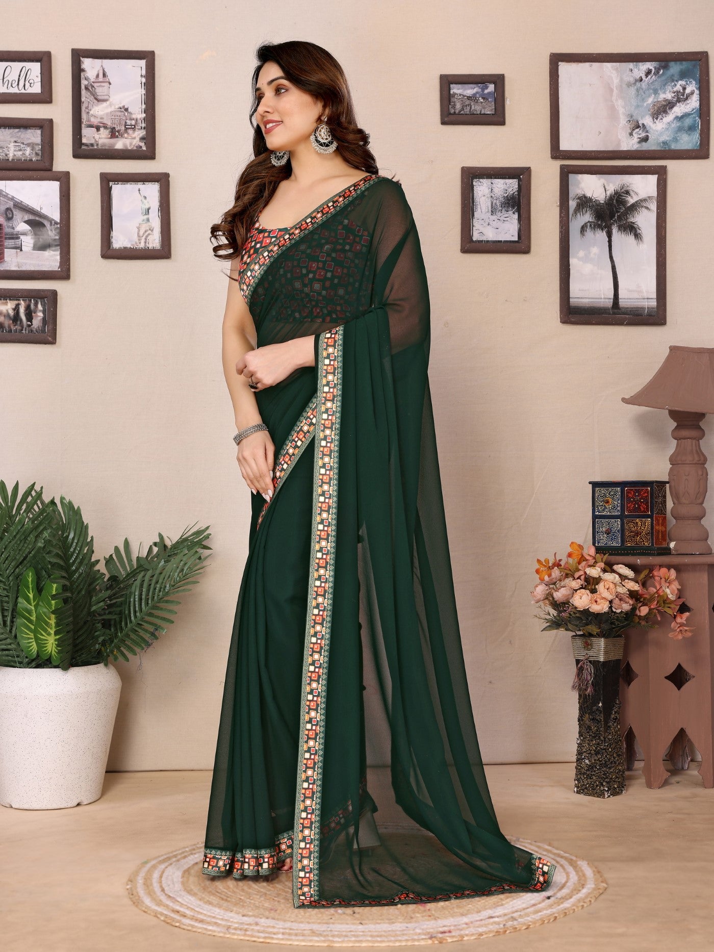 Green Georgette Saree With Plain Design And Digital Print Blouse